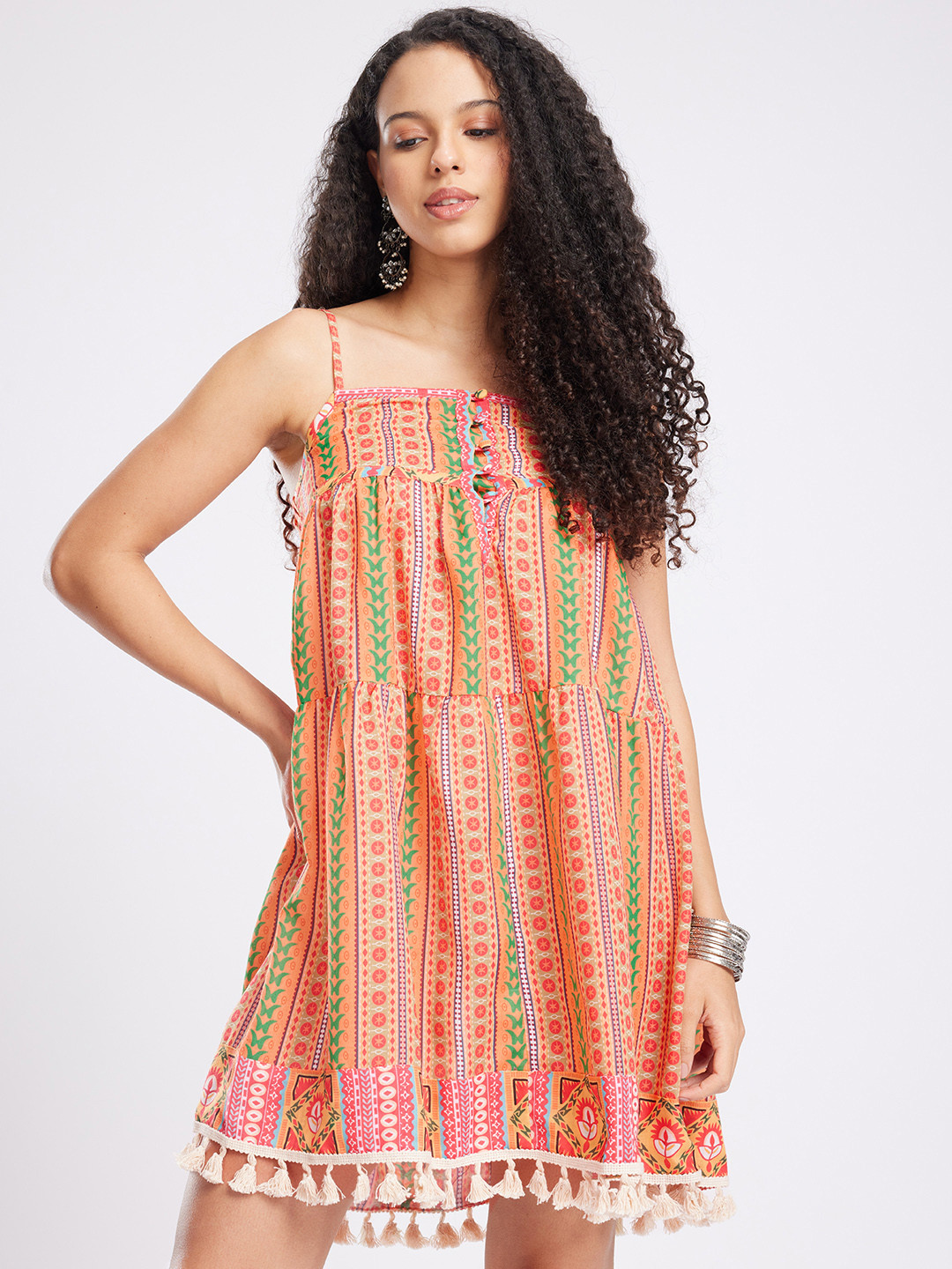 fusion by glitchez Ethnic Motifs Printed Shoulder Stripes Tassels Tiered A-Line Dress