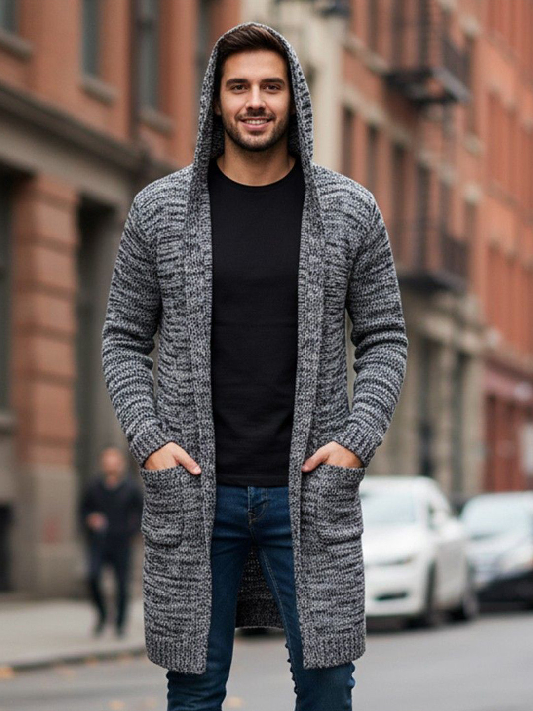 HERE&NOW Abstract Printed Long Sleeves Hooded Cardigan