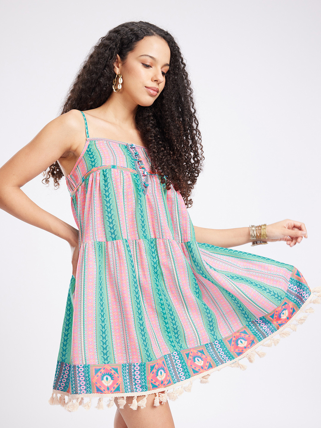 fusion by glitchez Ethnic Motifs Printed Shoulder Stripes Tassels Tiered A-Line Dress