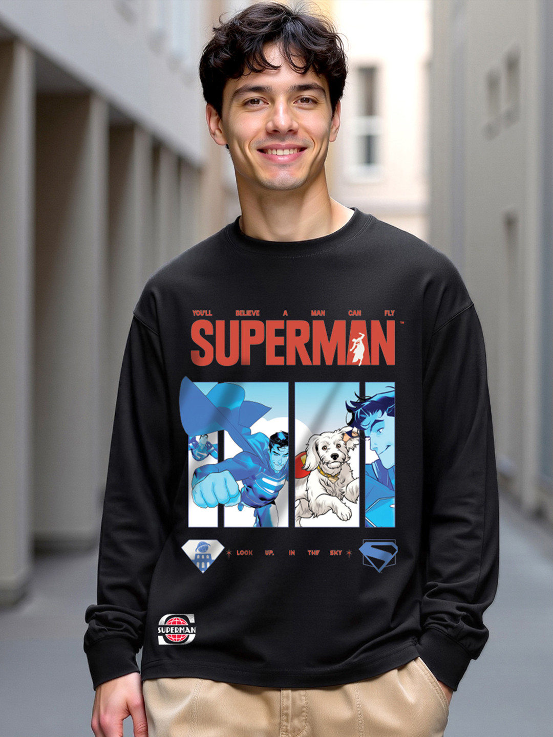 Bewakoof OFFICIAL DC MERCHANDISE Men's Jet Black Retro Comic Printed Oversized T-shirt