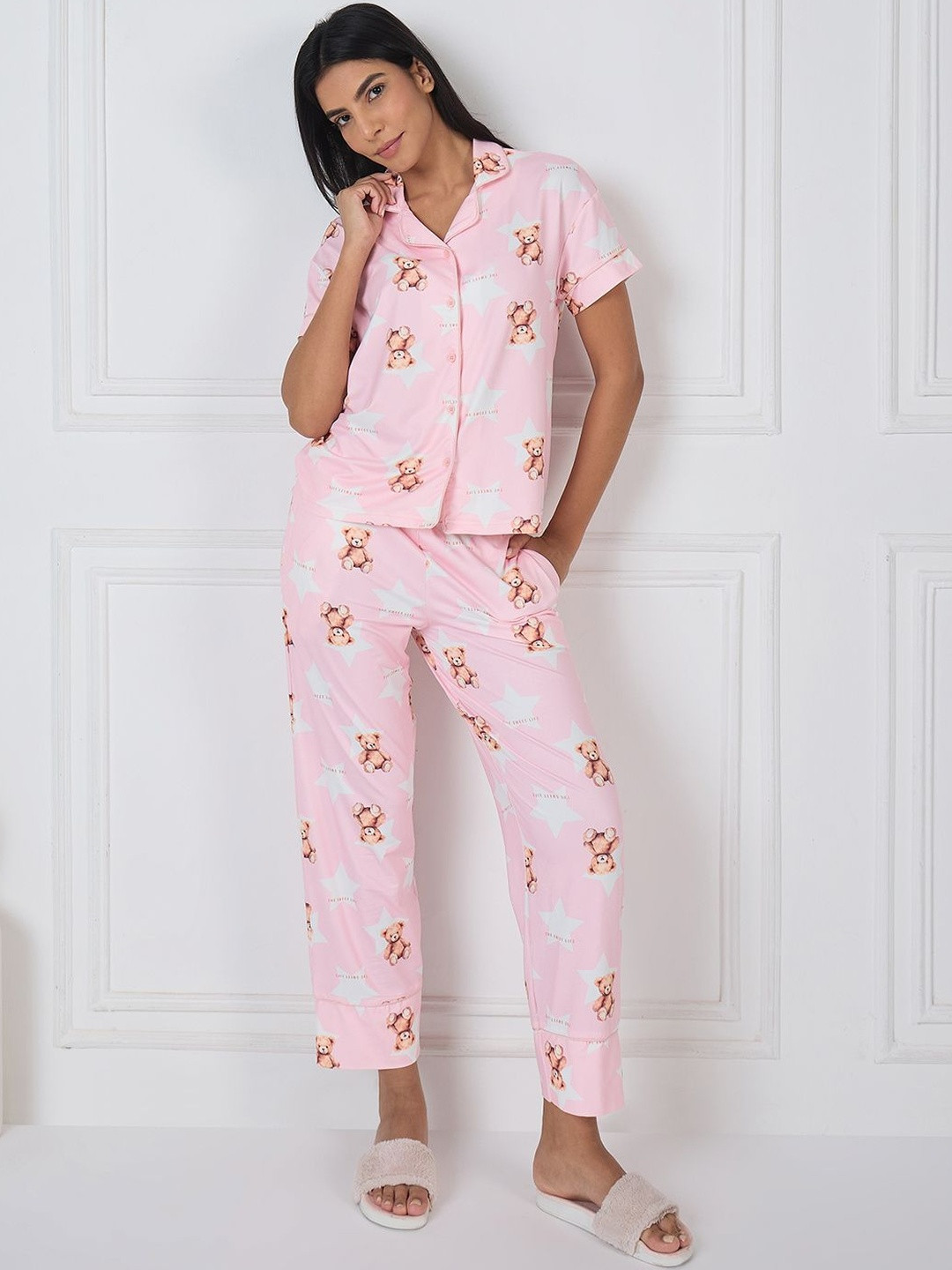 Sweet Dreams Graphic Printed Lapel Collar Short Sleeves Shirt And Pyjamas