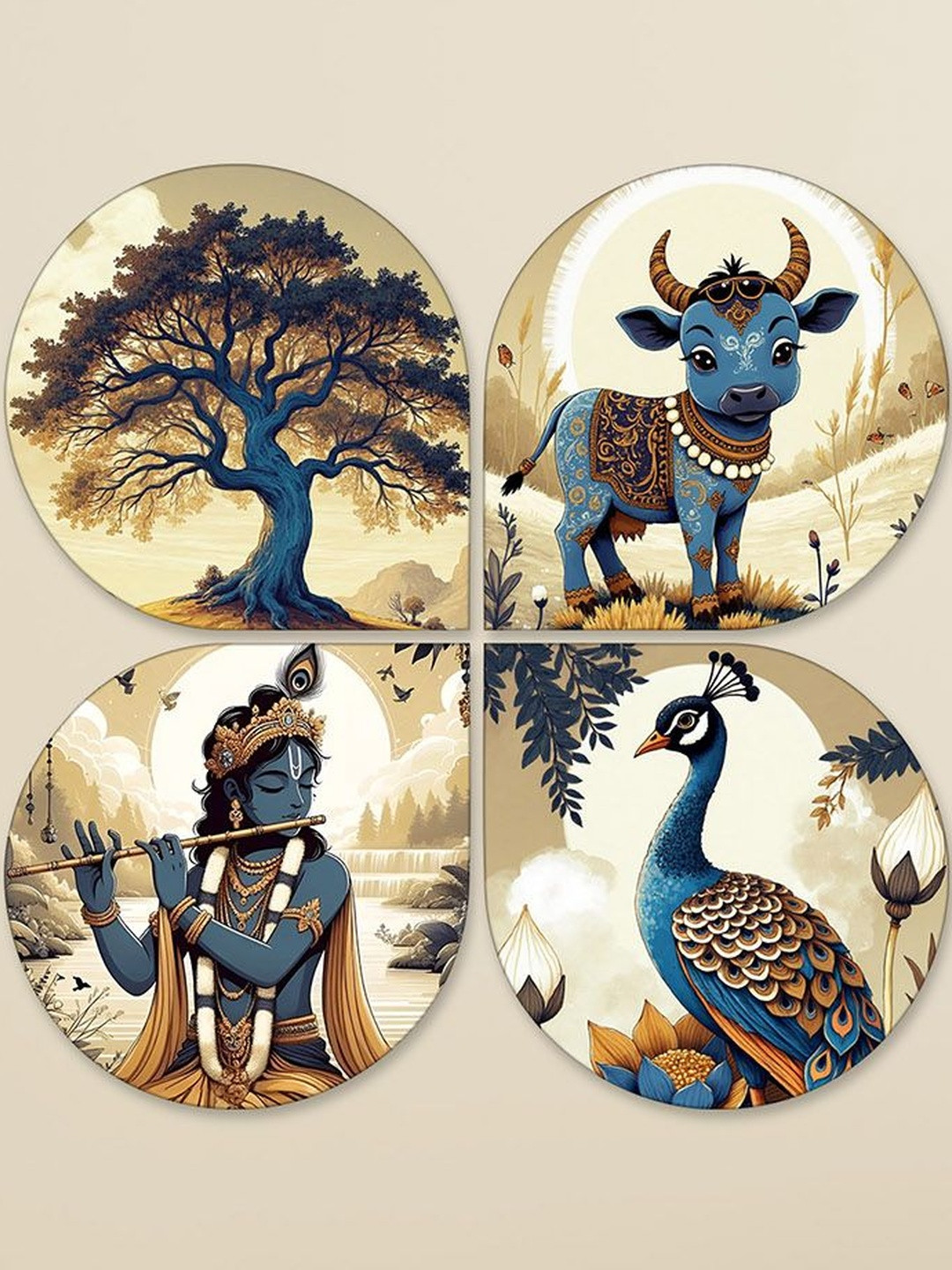 ArtVibes Cream-Colored & Blue 4 Pieces Traditional Wooden Decals and Stickers
