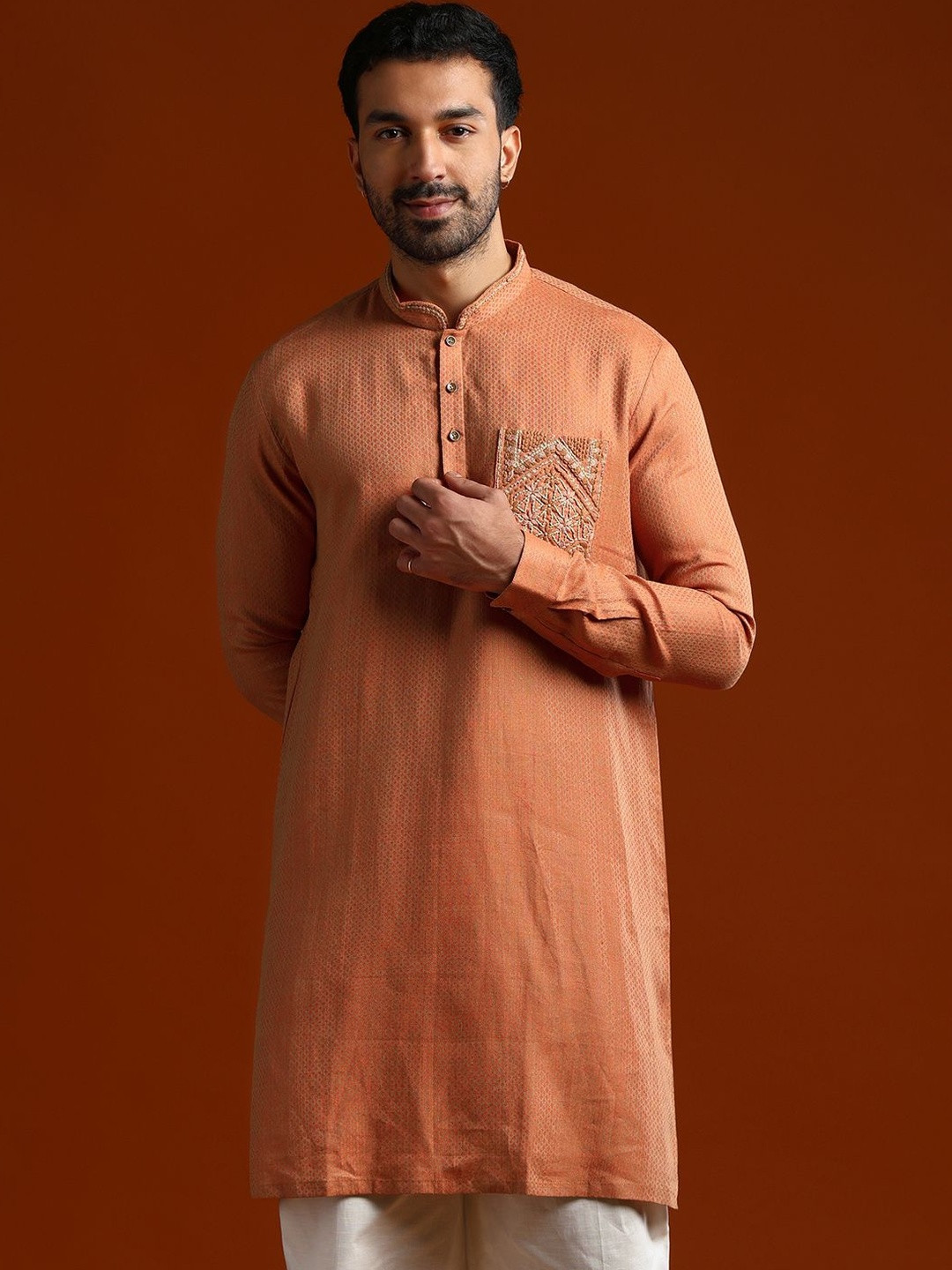 KALKI Fashion Men Woven Design Band Collar Regular Resham Work Cotton Kurta with Pyjamas