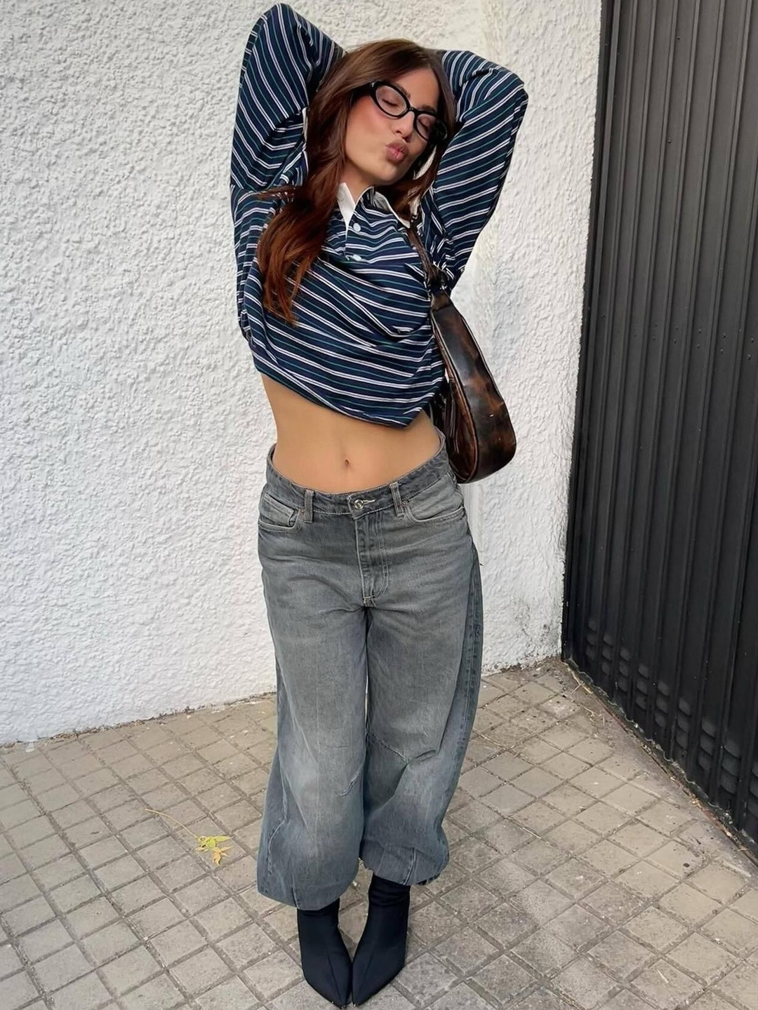 Bershka Striped Long Sleeves Polo Collar Cotton T-shirt