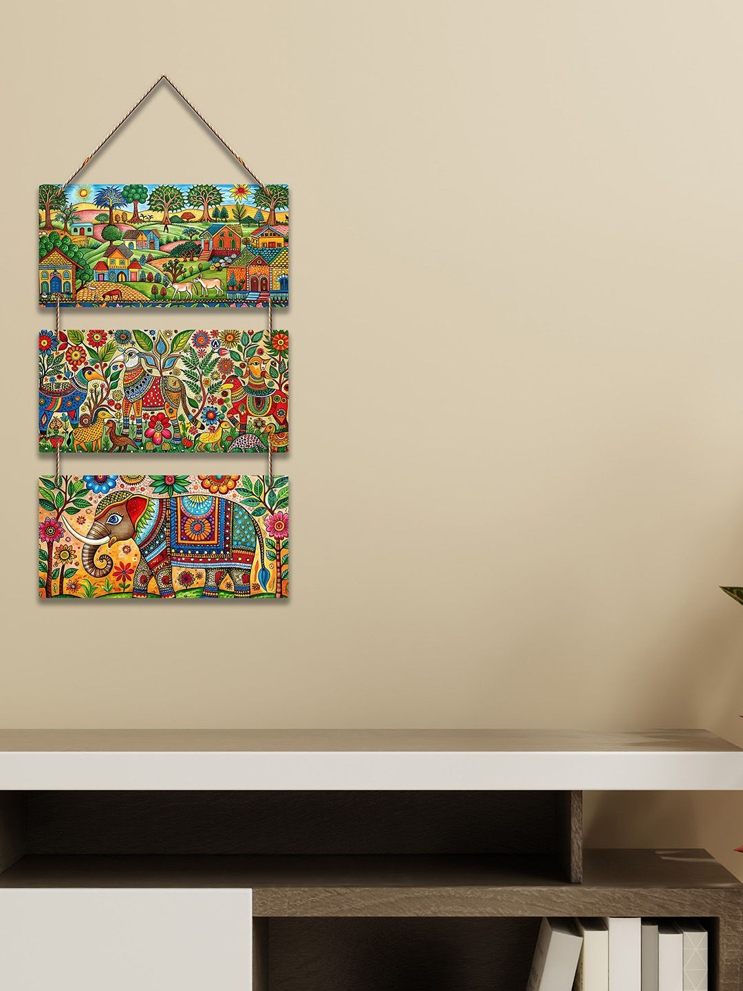 ArtVibes Unisex Printed Madhubani Village Life Wooden Wall Hanging Wall Decor