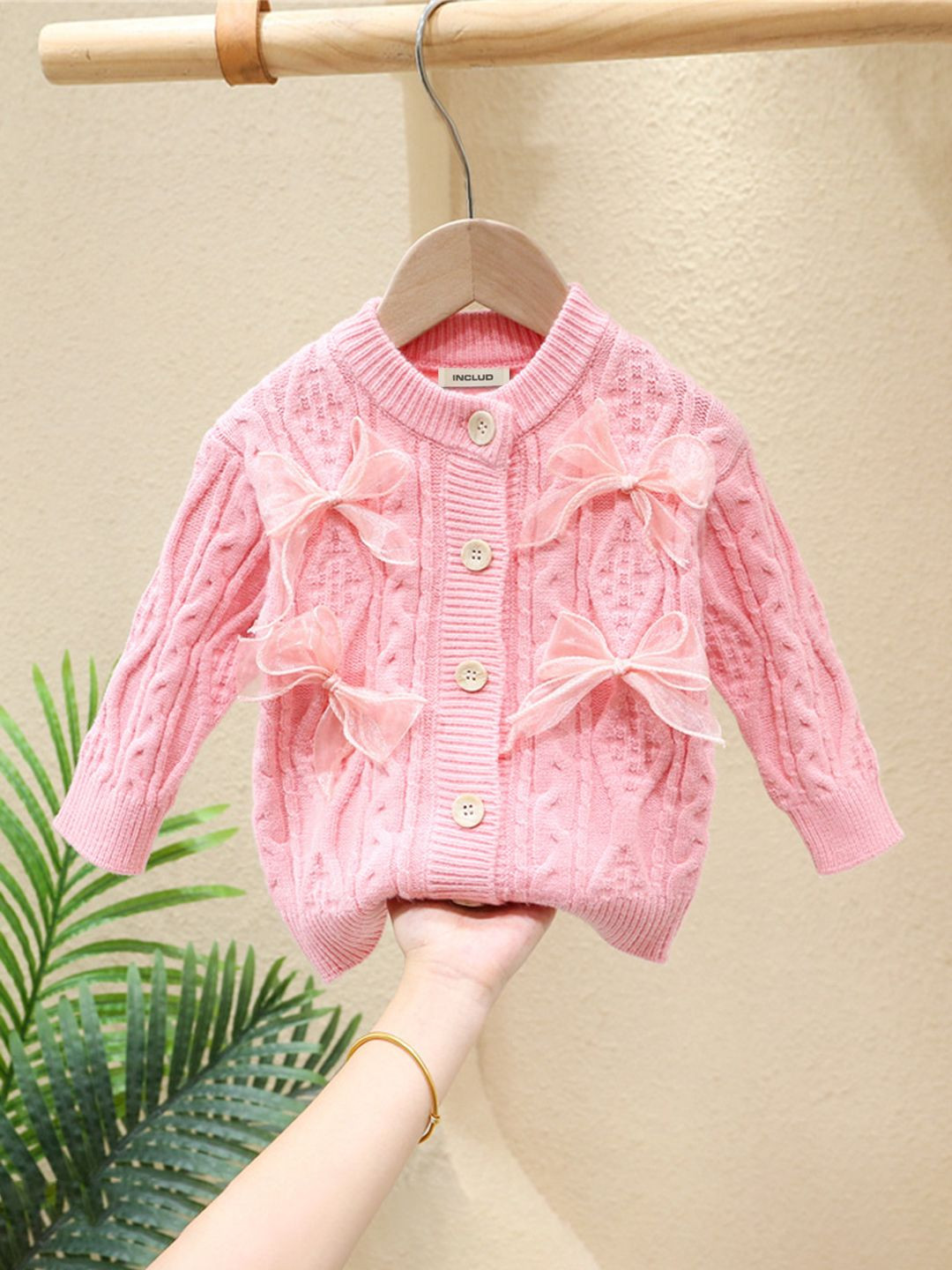 INCLUD Girls Self-Design Cardigan Sweater With Bow Details