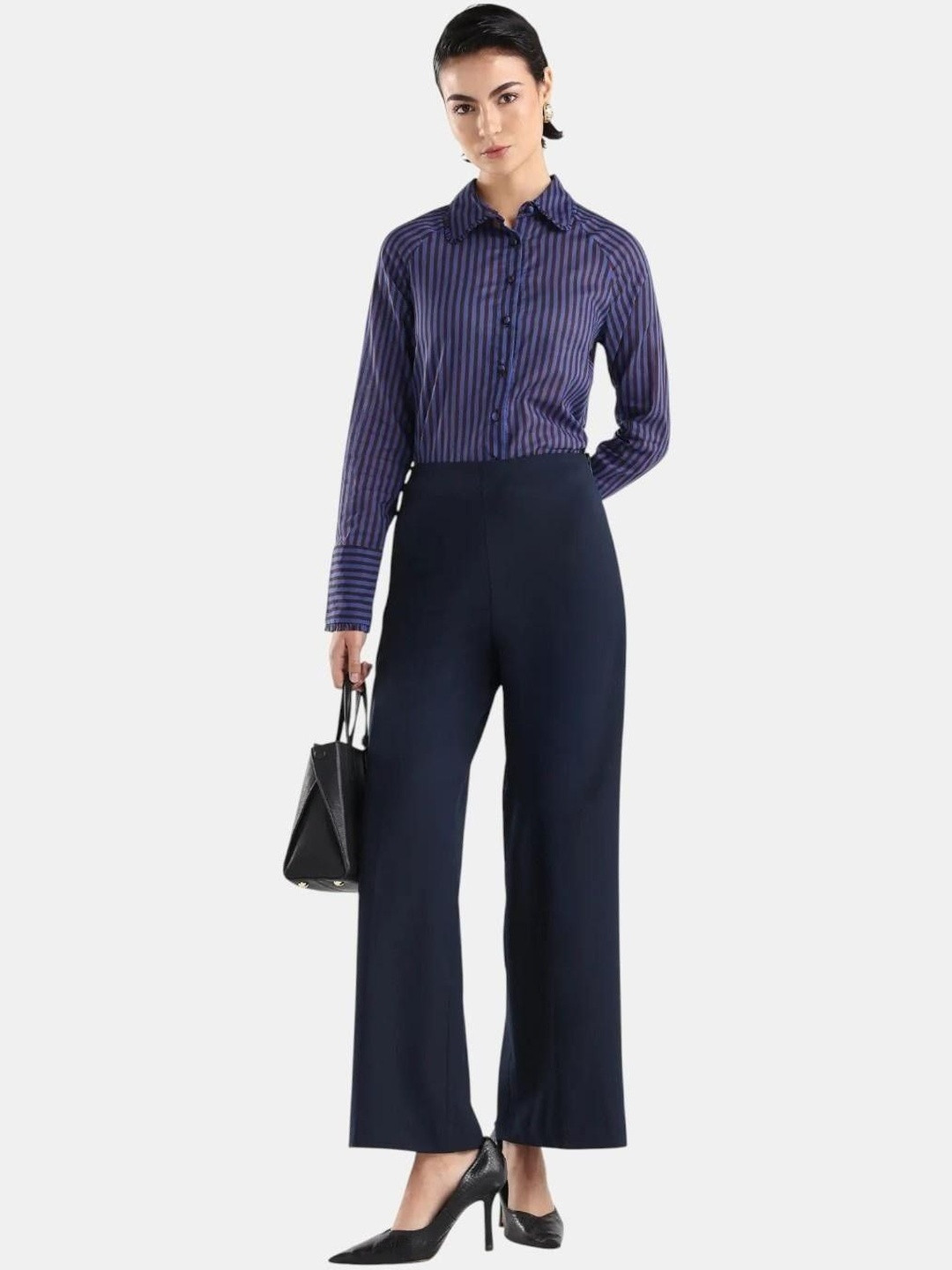 RAREISM Women Navy Wide Leg Formal Trousers