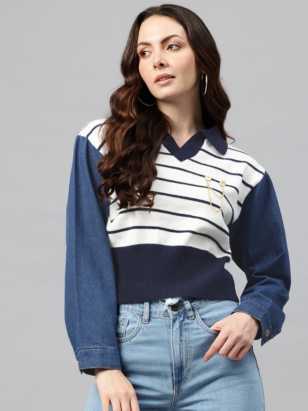 Pierre Carlo Striped Denim & Embellished Detail Pullover