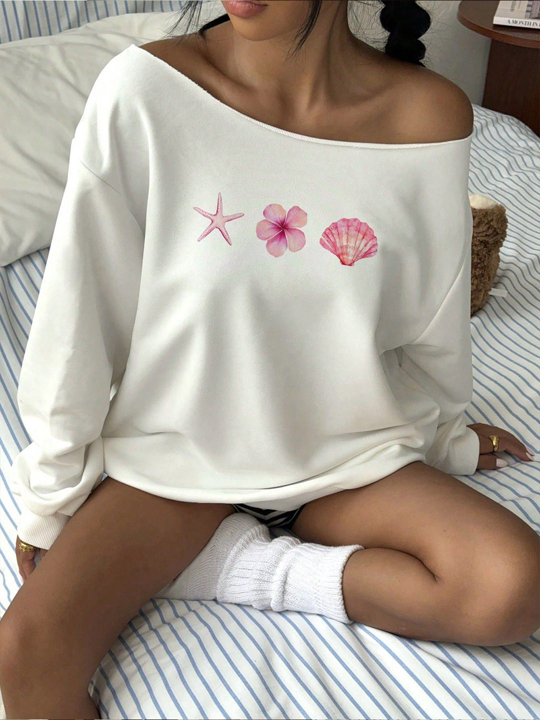 SXV STYLE Women Printed Off Shoulder Sweatshirt