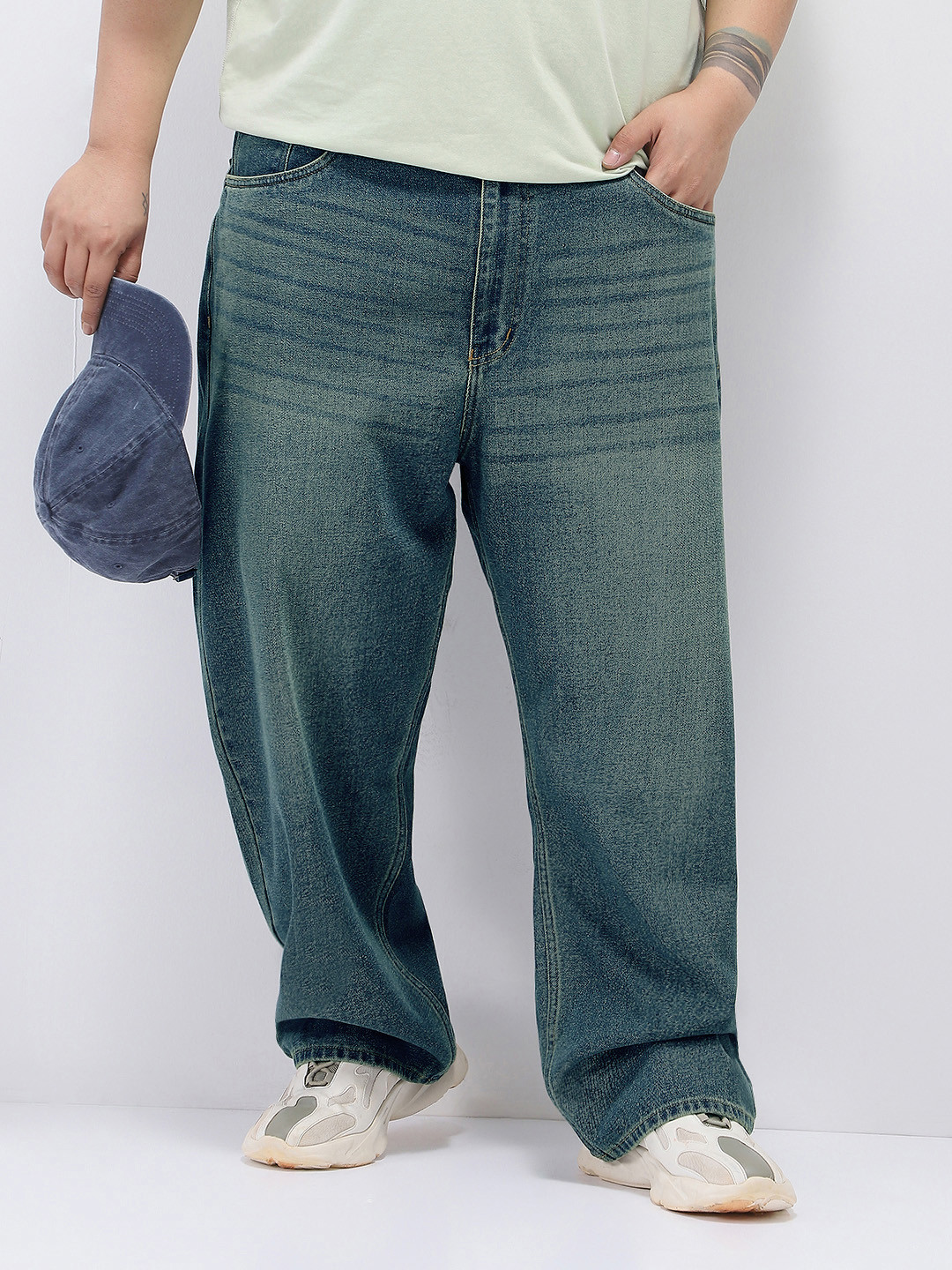 Urbano Plus Men's Light Blue Loose Baggy Fit Heavy Washed Jeans Non-Stretchable