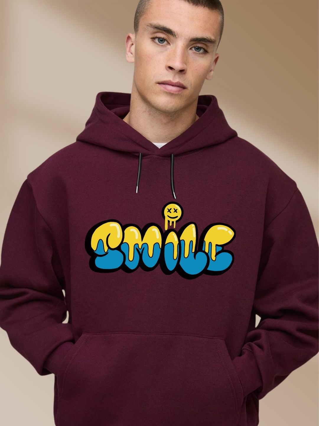 Cool Plus Men Maroon Graphic Smile Hooded Sweatshirt