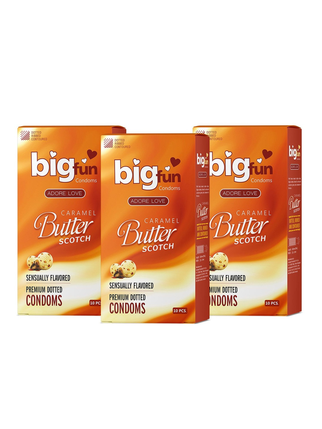 BIGFUN Set Of 3 Dotted, Ribbed & Contoured Condoms - Caramel Butterscotch - 10 Pieces Each