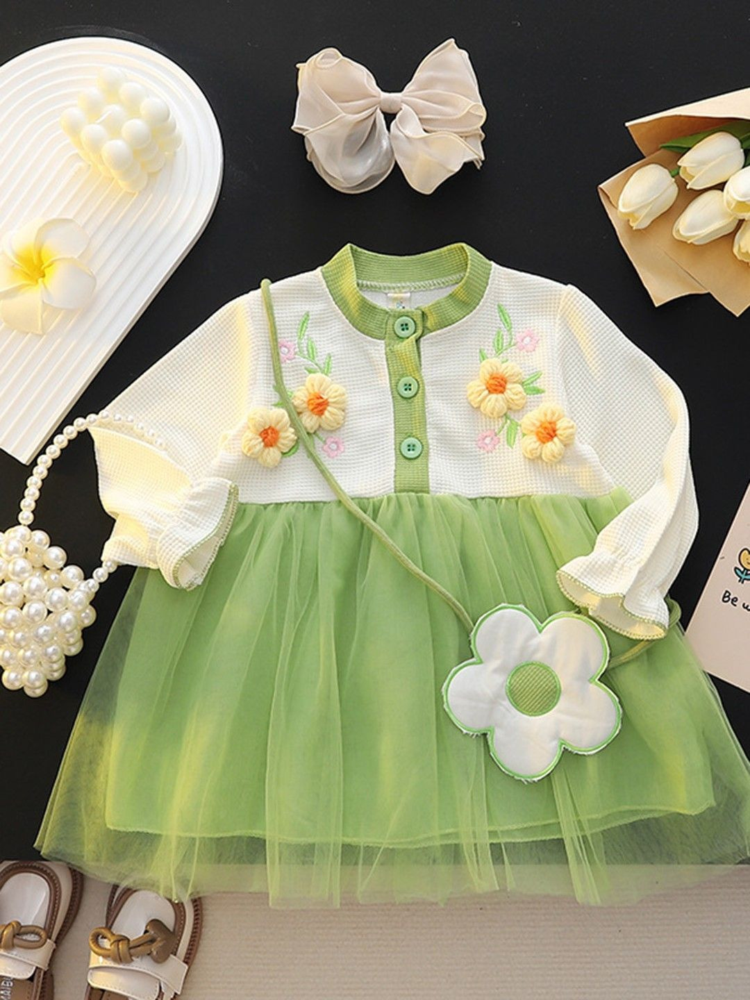 YK Girls Solid Flower Splicing Mesh Princess Midi A-Line Dress