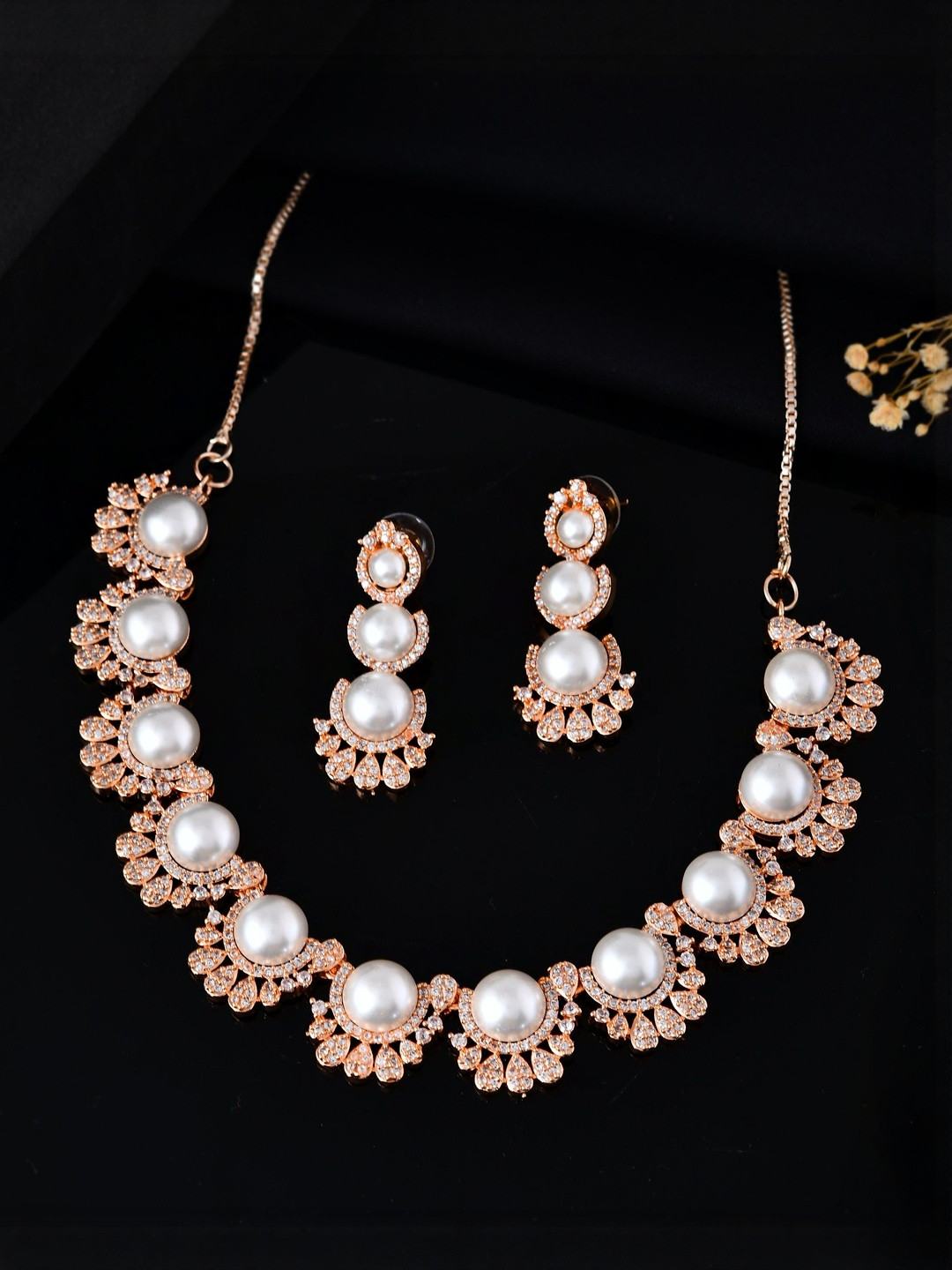 Anouk Women Rose-Gold Plated AD & Peral Studded Jewellery Set