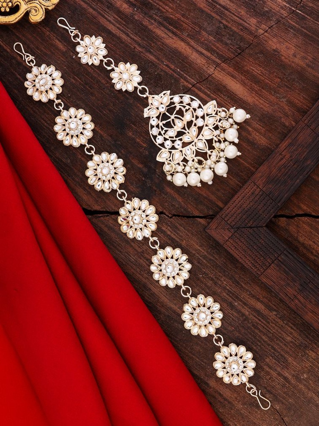 SHONA'S STYLE Women Gold-Toned Artificial Beads Studded Matha Patti with Maang Teeka