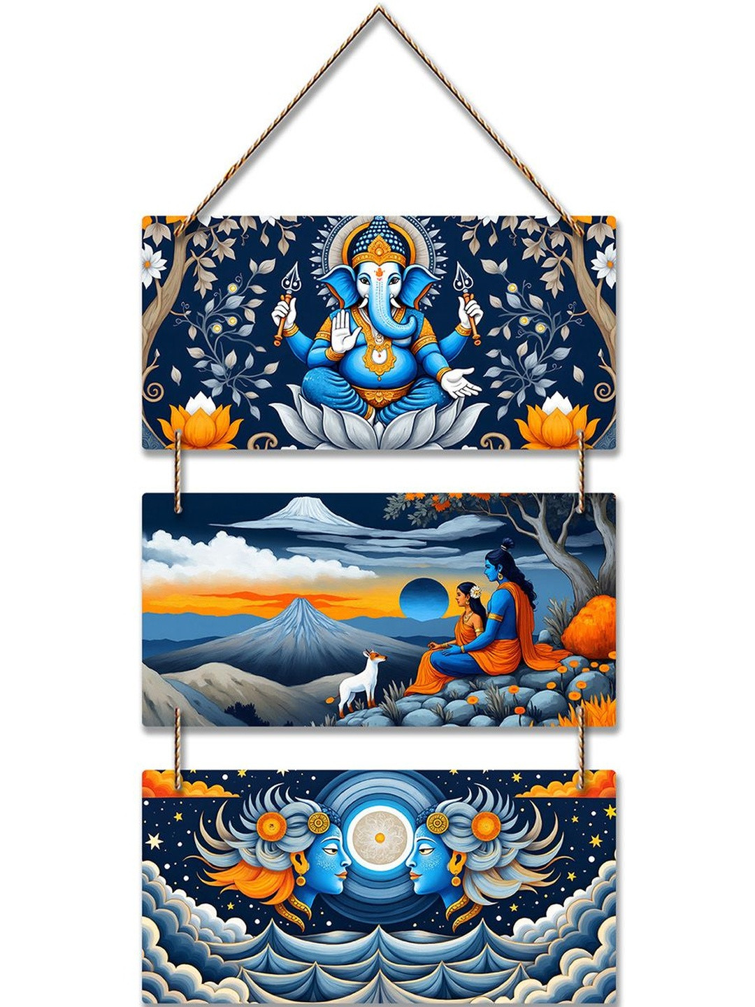 ArtVibes Blue & White Divine Ganesha And Sita Ram Religious Wooden Wall Hangings
