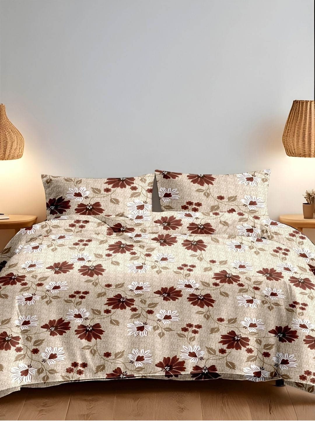 Sleeping Owls Brown & Cream 144 TC Queen Pure Cotton Bedsheet -2.29M X 2.54M