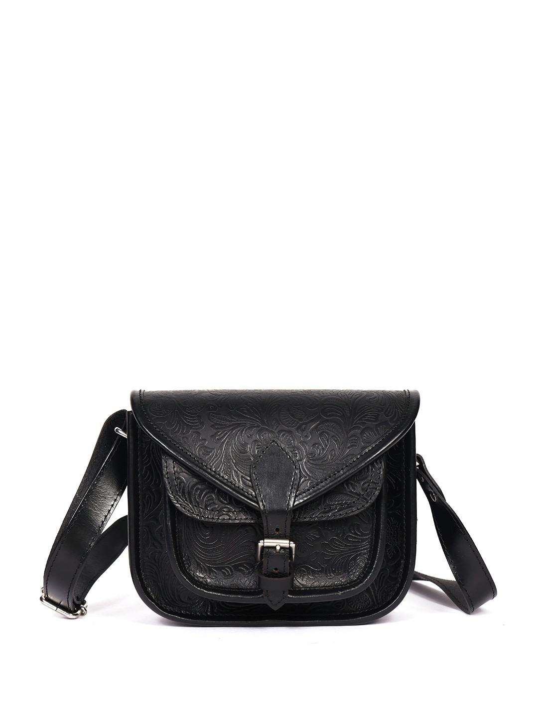 Celtic Women Premium Genuine Leather Sling Bag Black Embossed Floral Design
