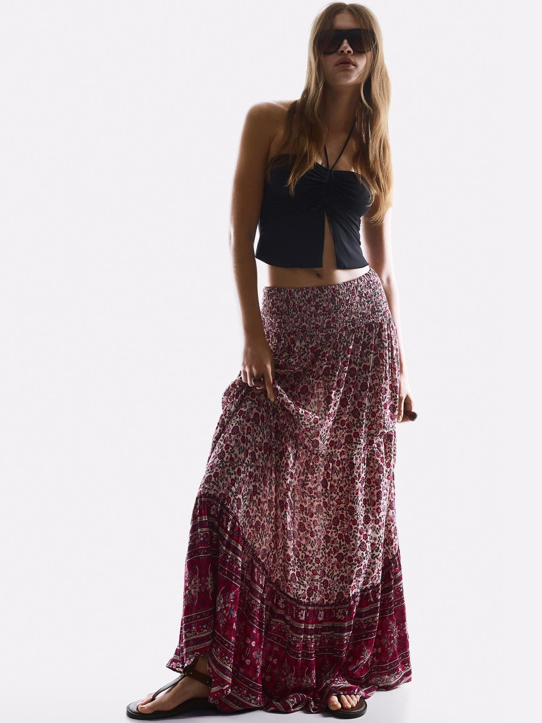 Bershka Women Boho Printed Maxi Flared Skirt