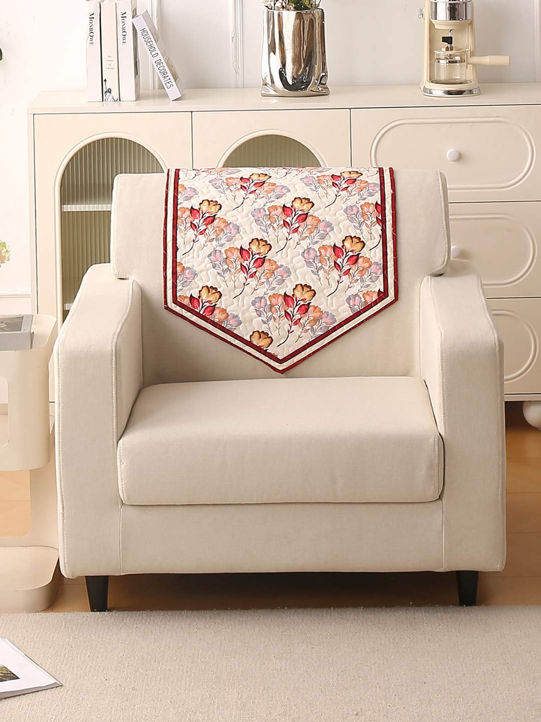HOKIPO Florentina Series Autumn Cream-Coloured Printed Holland Velvet Backrest Cover Mat