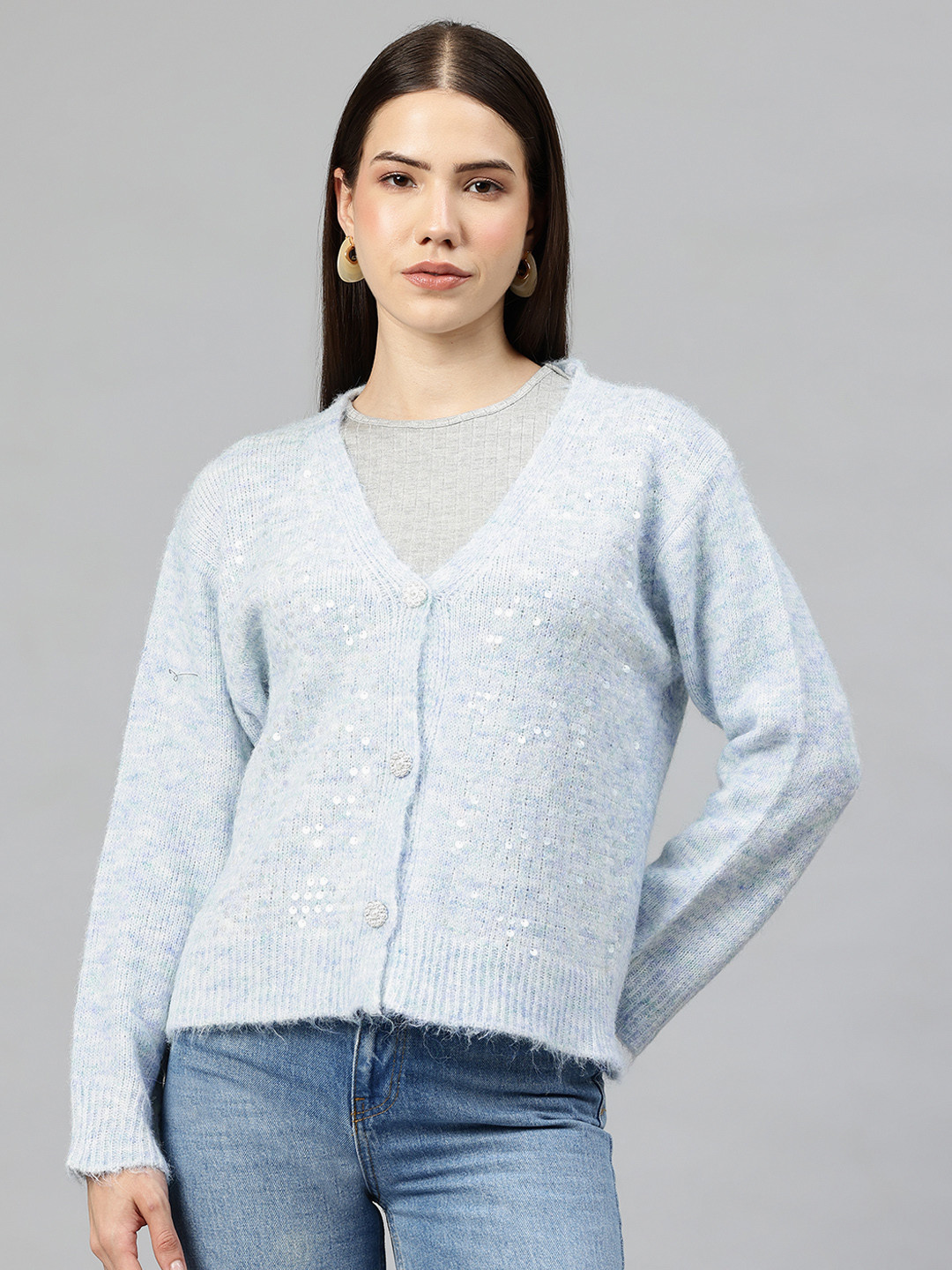 Pierre Carlo Sequinned Embellished V-Neck Button-Down Cardigan with Fuzzy Detail