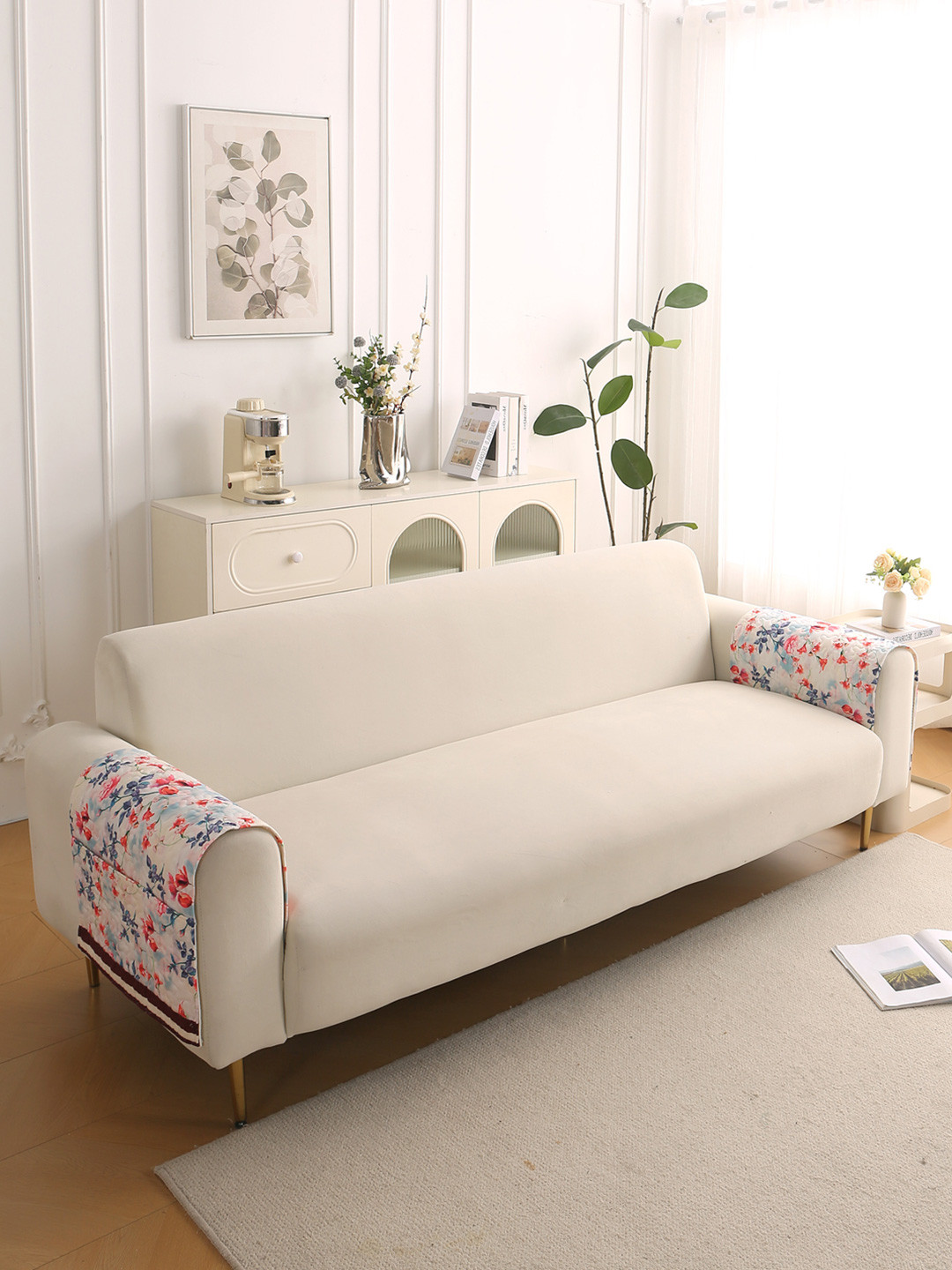 HOKIPO Florentina Series Rose & White 2 Pcs Printed Holland Velvet Armrest Covers