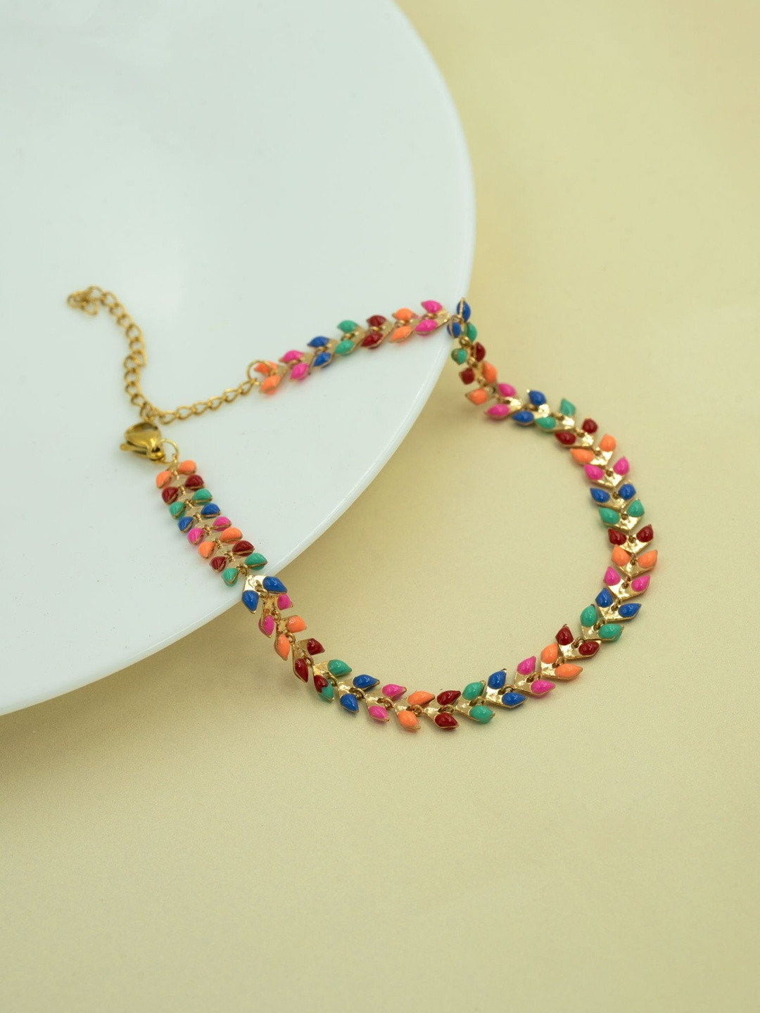 ARTKLIM Stainless Steel Gold-Plated Dual Leaf Rainbow Anti Tarnish Anklet