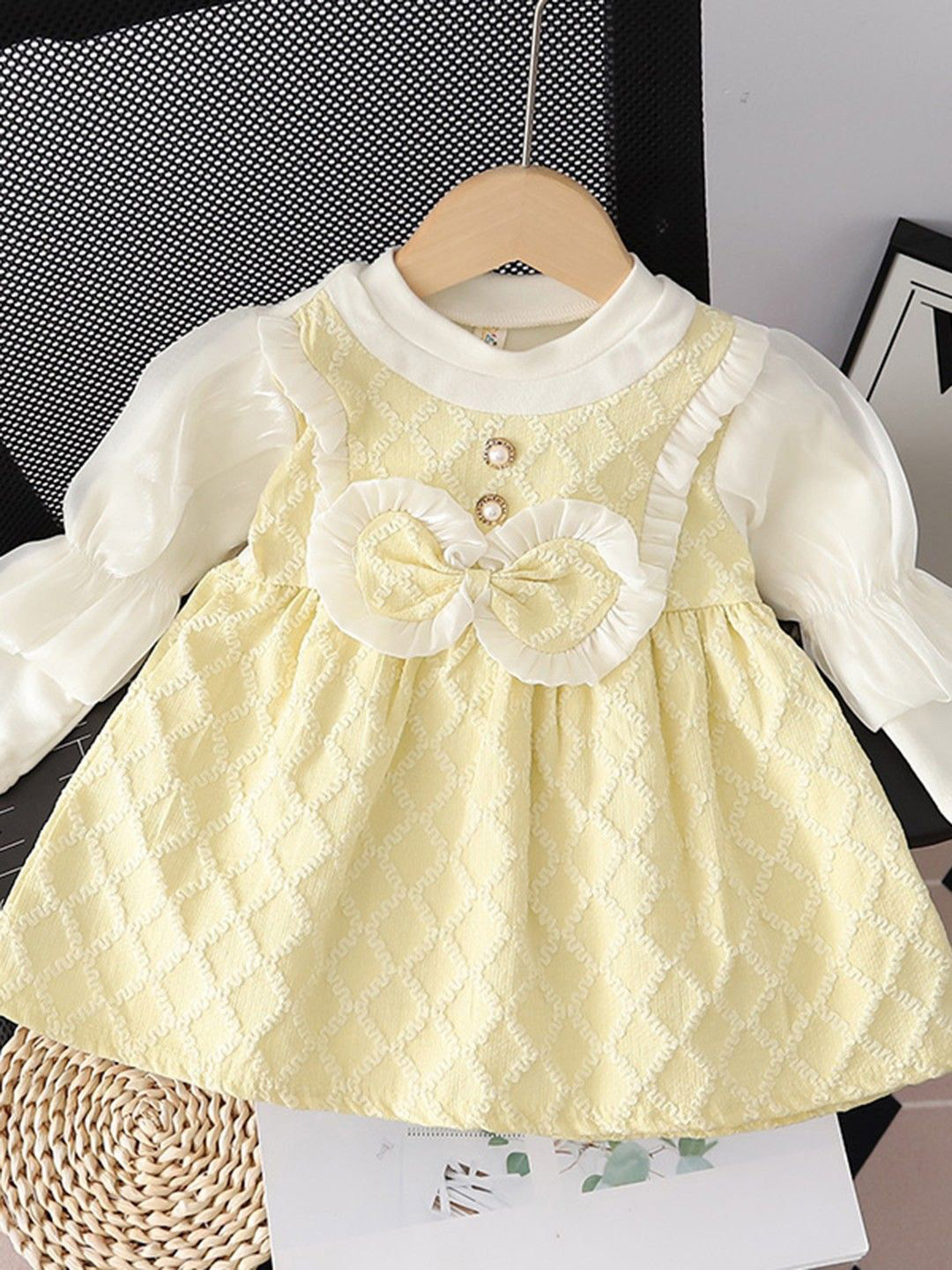 YK Girls Puff Sleeve Bow Style A-Line Midi Party Dress