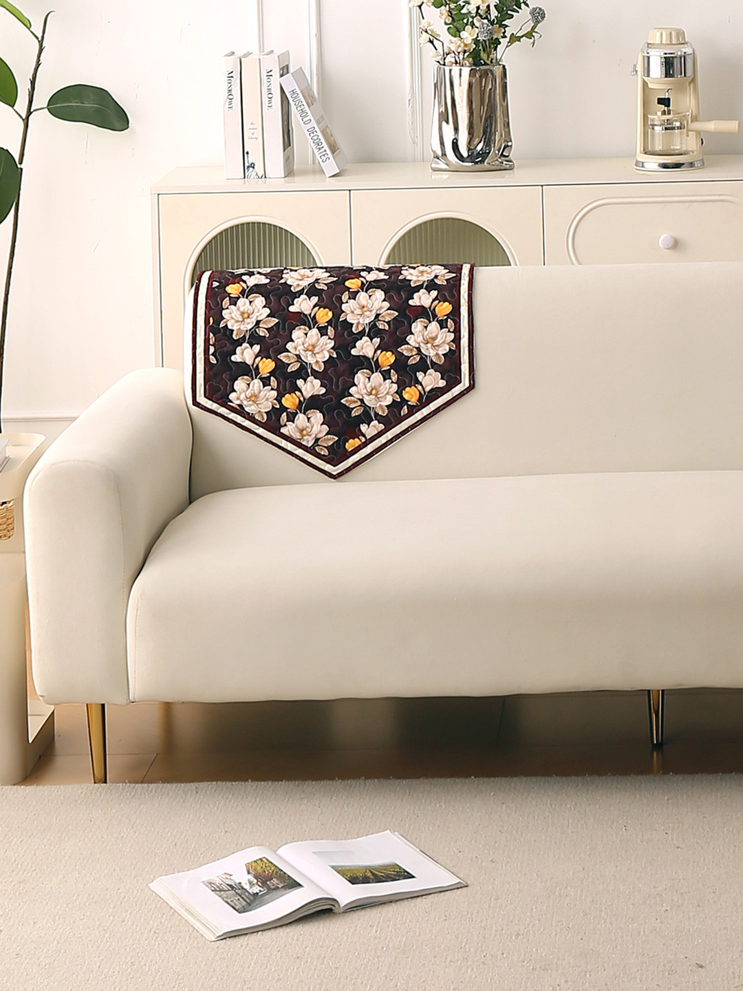HOKIPO Florentina Series Camellia Brown Printed Holland Velvet Backrest Cover Mat