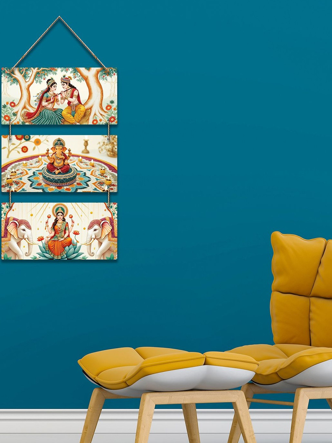 ArtVibes Blue & White Ganesh & Sarswathi Printed Wooden Wall Hanging