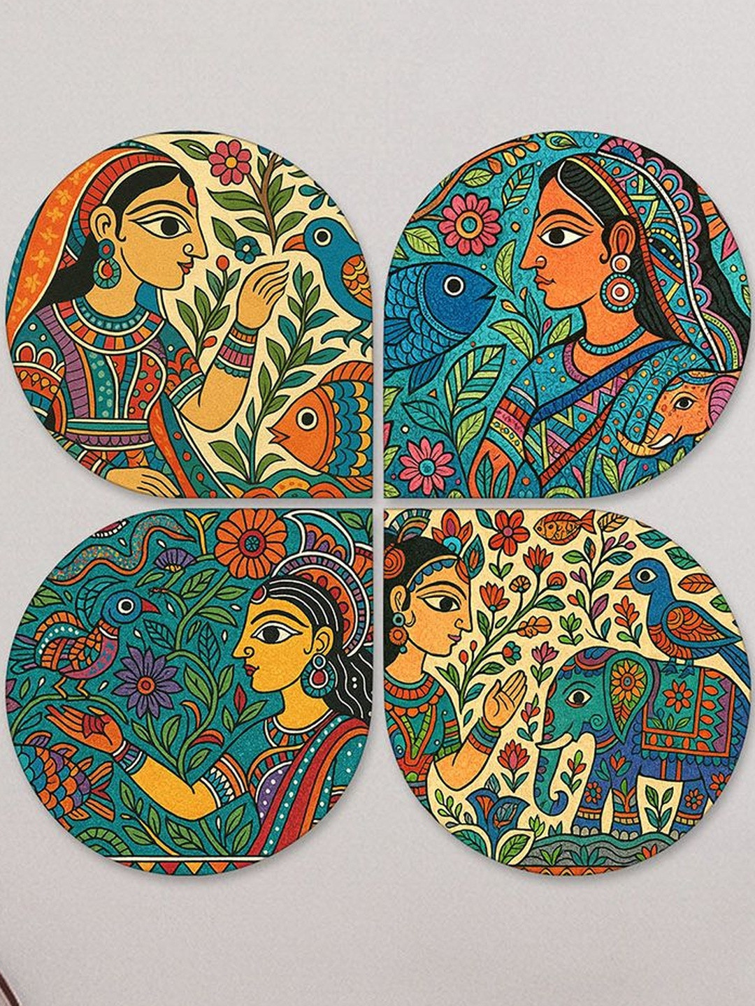 ArtVibes Green & Orange 4 Pieces Indian Women Wooden Decals and Stickers