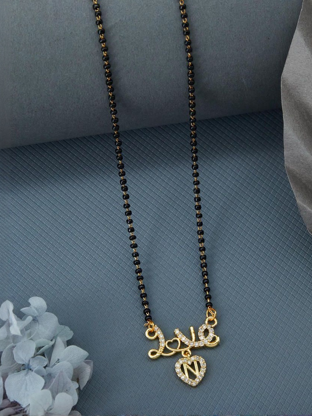 Laksh Enterprise Artificial Stones Studded & Beaded Heart Shaped J Alphabet Mangalsutra