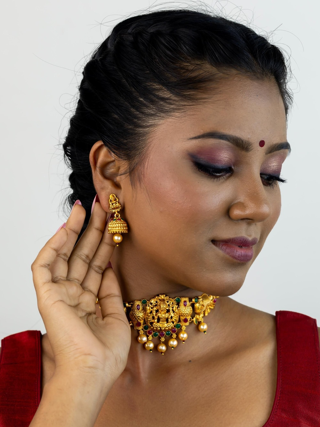 Kulin Women Antique Gold Plated Elephant Motif & Goddess Lakshmi Choker With Earrings Set