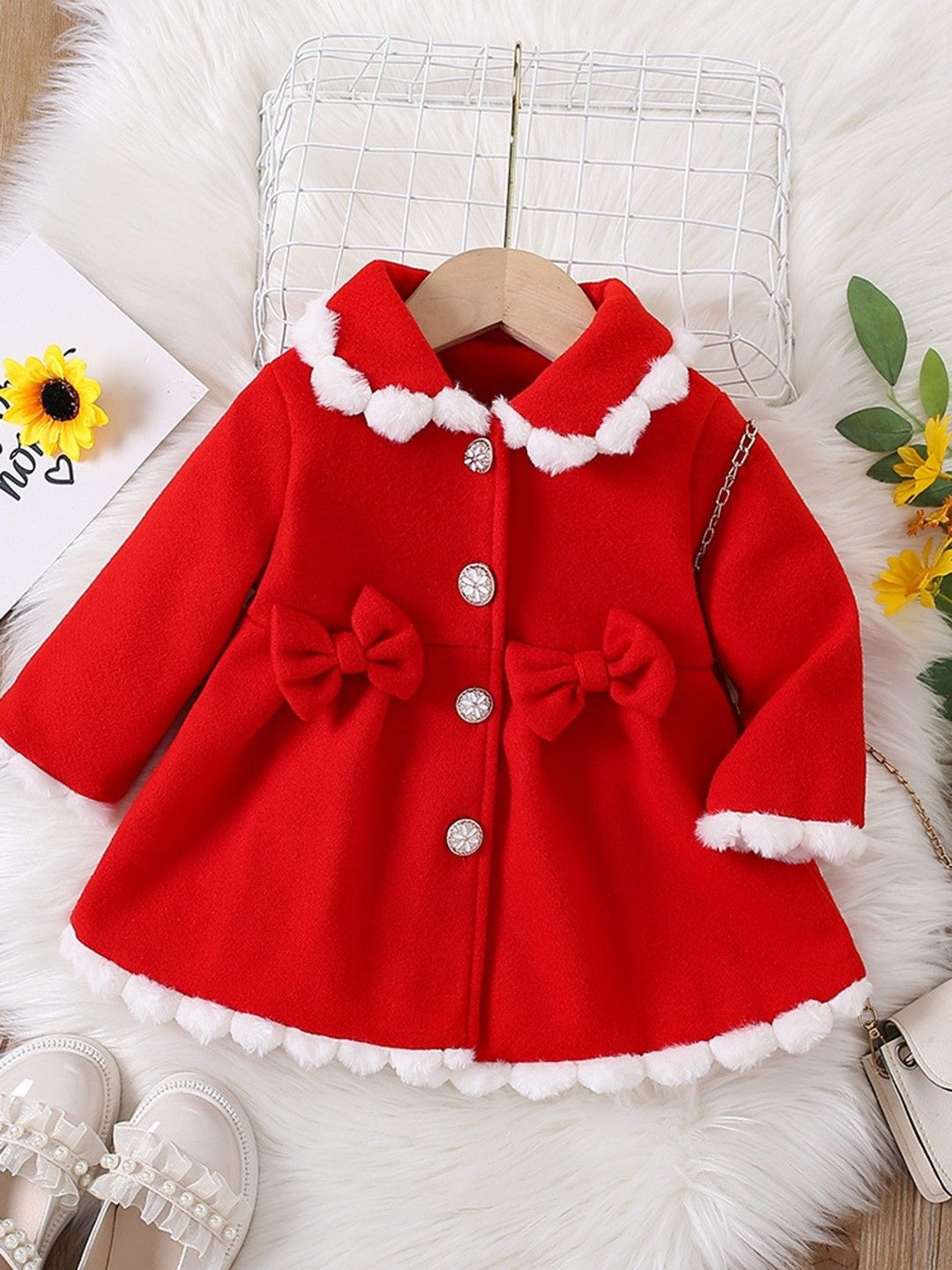 YK Girls Red Single Breasted Bow Embellished With Lapel Collar Woolen Coat