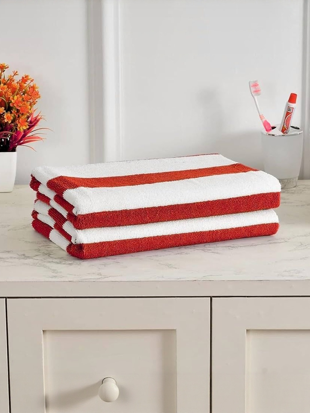 HOMEZY Red & White 1 Striped Cotton 450 GSM Bath Towel