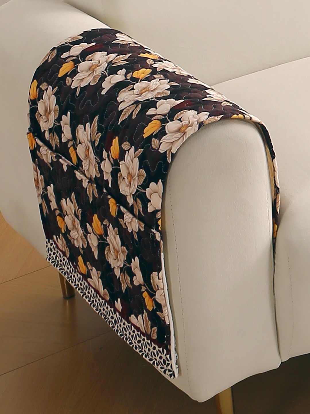 HOKIPO Florentina Series Camellia Brown 2 Pcs Printed Holland Velvet Armrest Covers