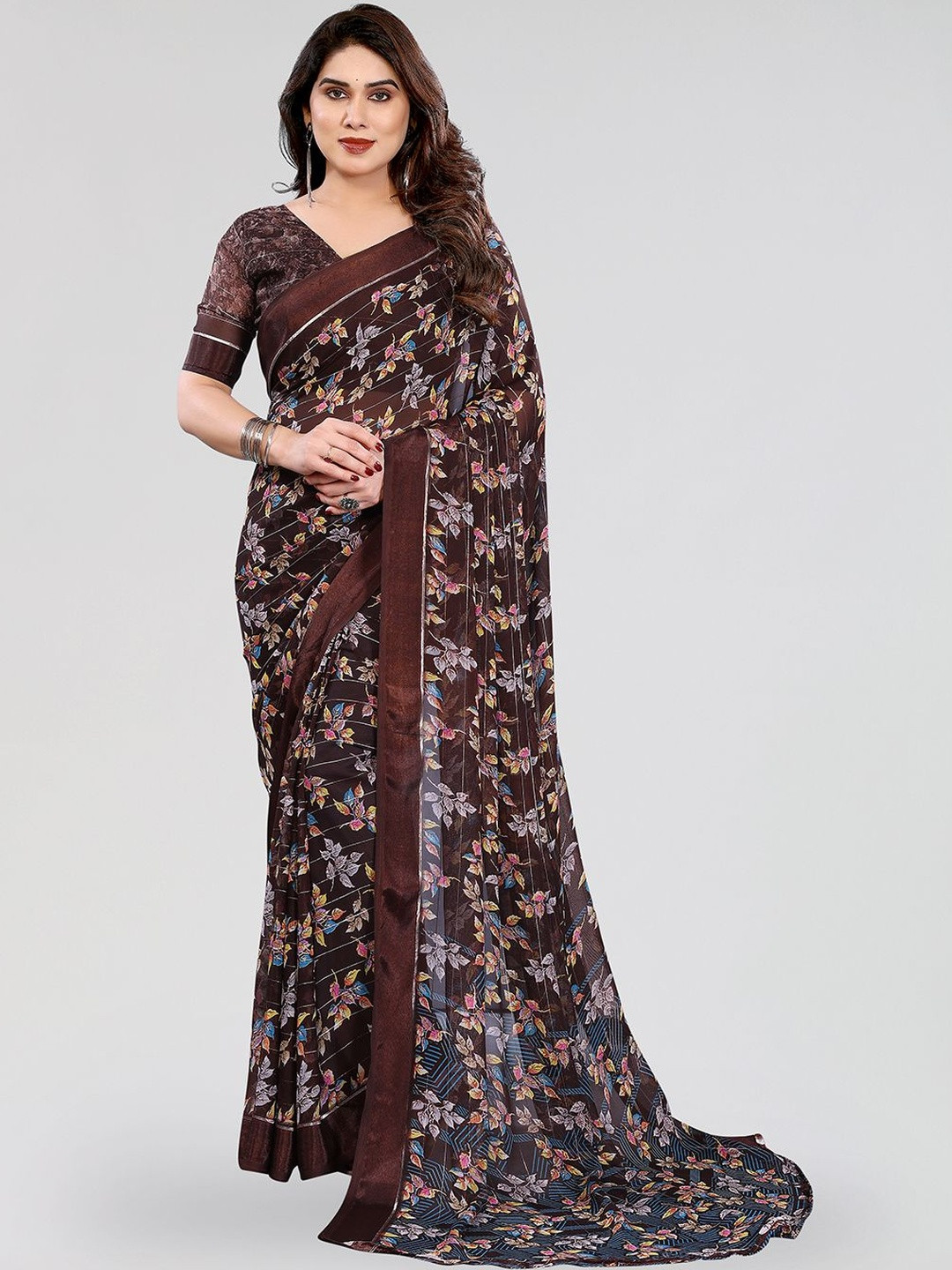 Moda Rapido Women Leaves Print Georgette Thread Embellishment Satin Saree
