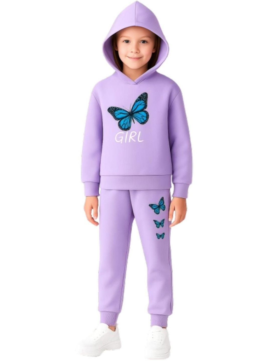 US TRENDZ Girls Printed Woolen Hooded Loop Knit Sweatshirt & Joggers Tracksuit