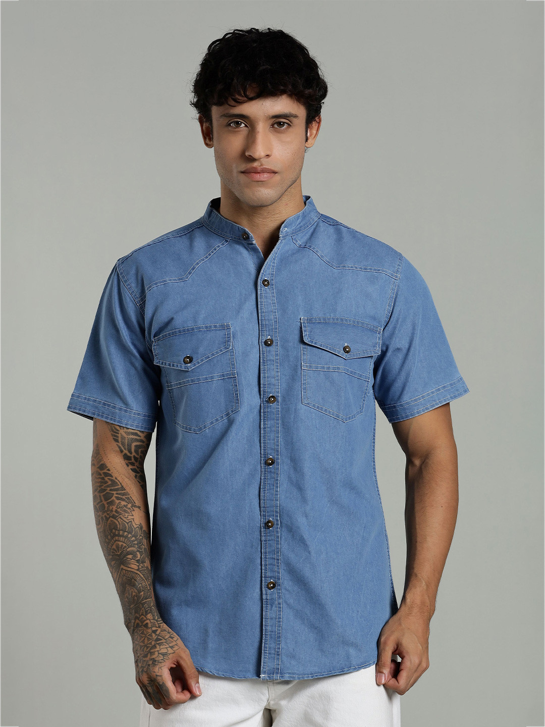 7TH LEGION Men Smart Fit Solid Band Collar Casual Shirt
