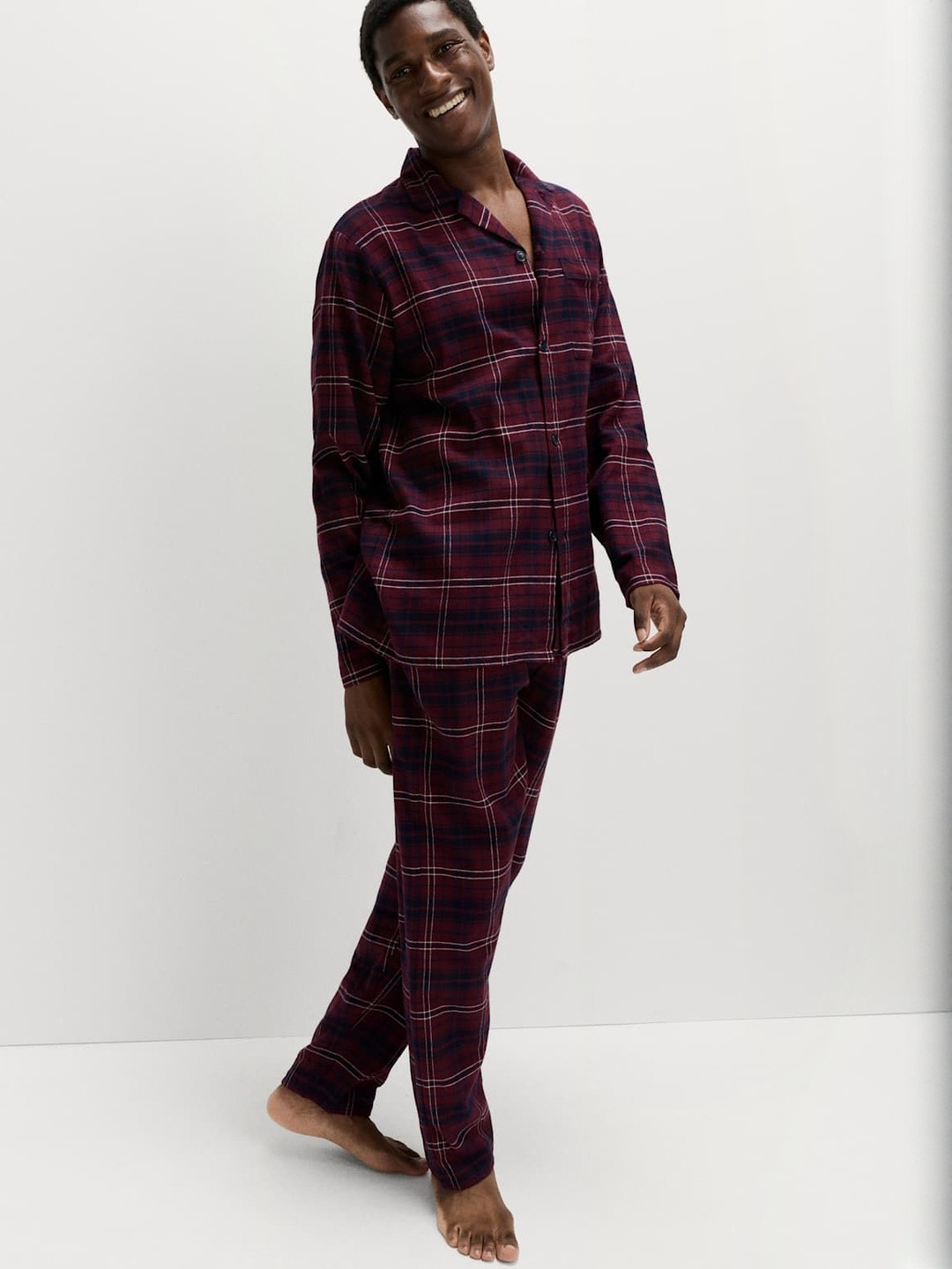 Marks & Spencer Men Pure Cotton Checked Shirt & Pyjamas Night suit