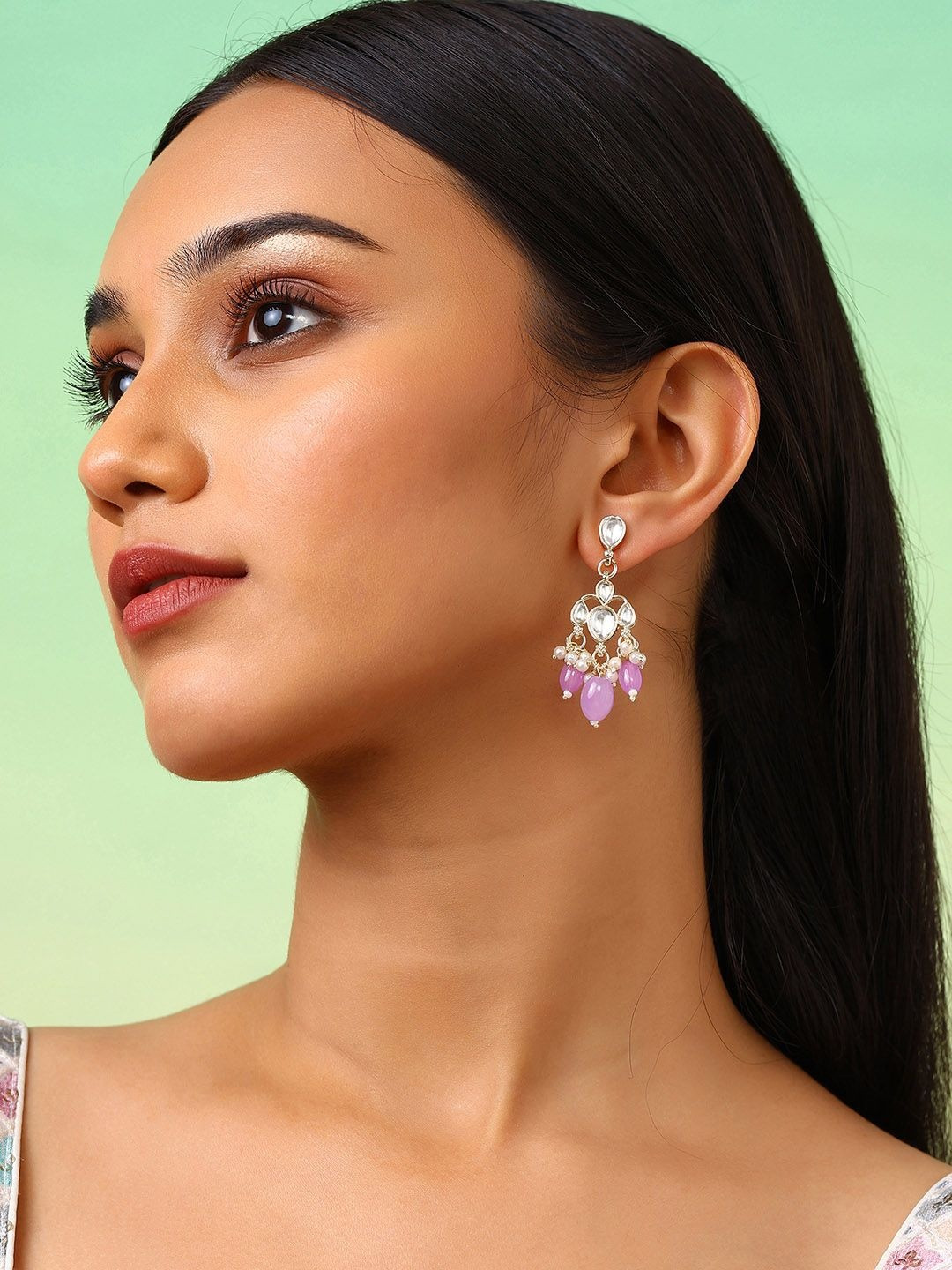 Ishin Geometric Gold-Plated Artificial Studded and Beaded Teardrop Shaped Drop Earrings