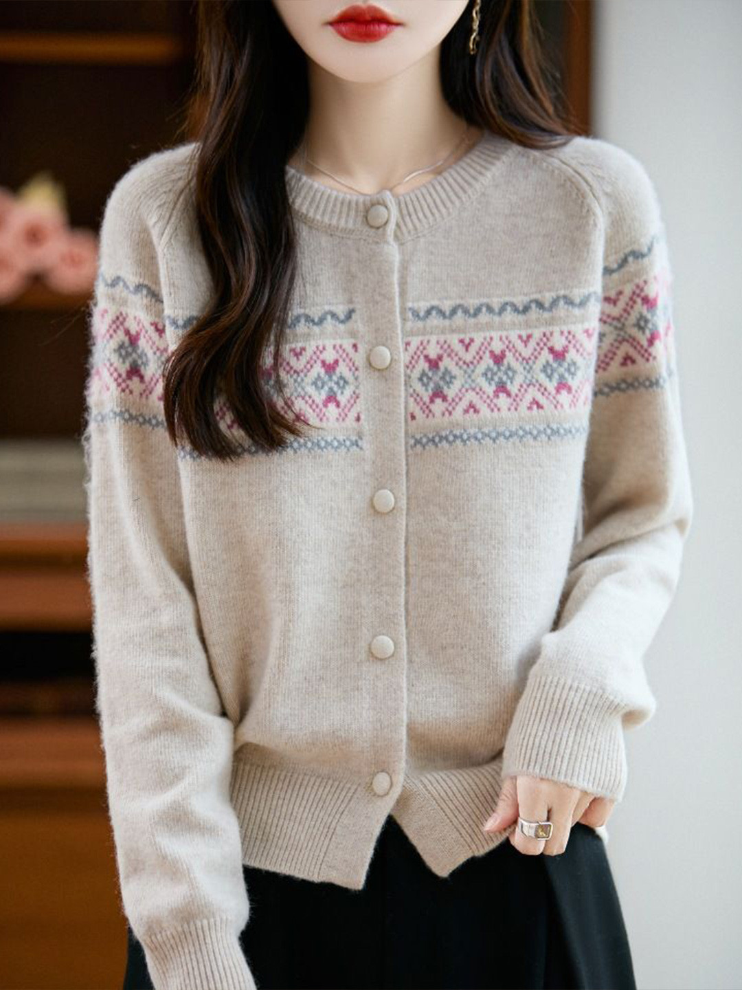StyleCast x Revolte Fair Isle Printed Round Neck Front-Open Sweater
