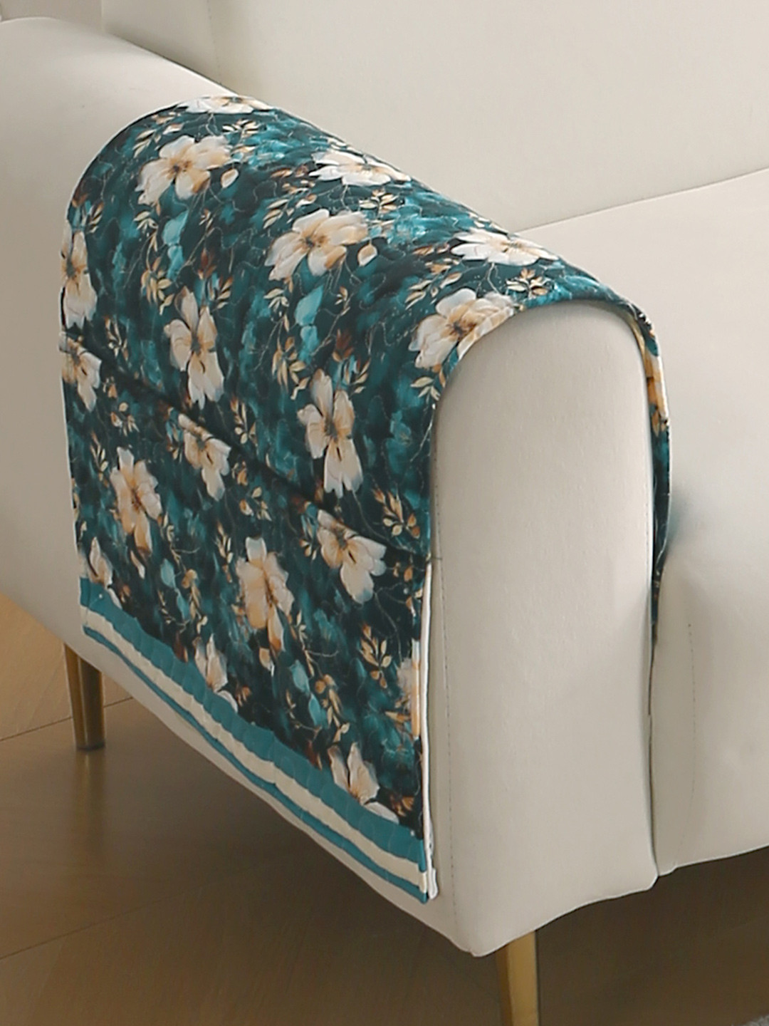 HOKIPO Florentina Series Pansies Teal 2 Pieces Printed Holland Velvet Pair Armrest Covers