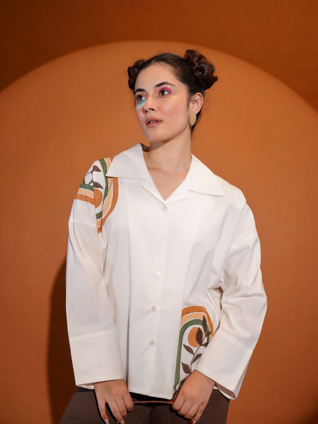 KALINI Women Relaxed Fit Hand Painted Floral Printed Cotton Casual Shirt