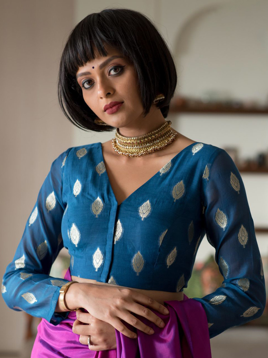 Suta Woven Design V-Neck Cotton Blouse