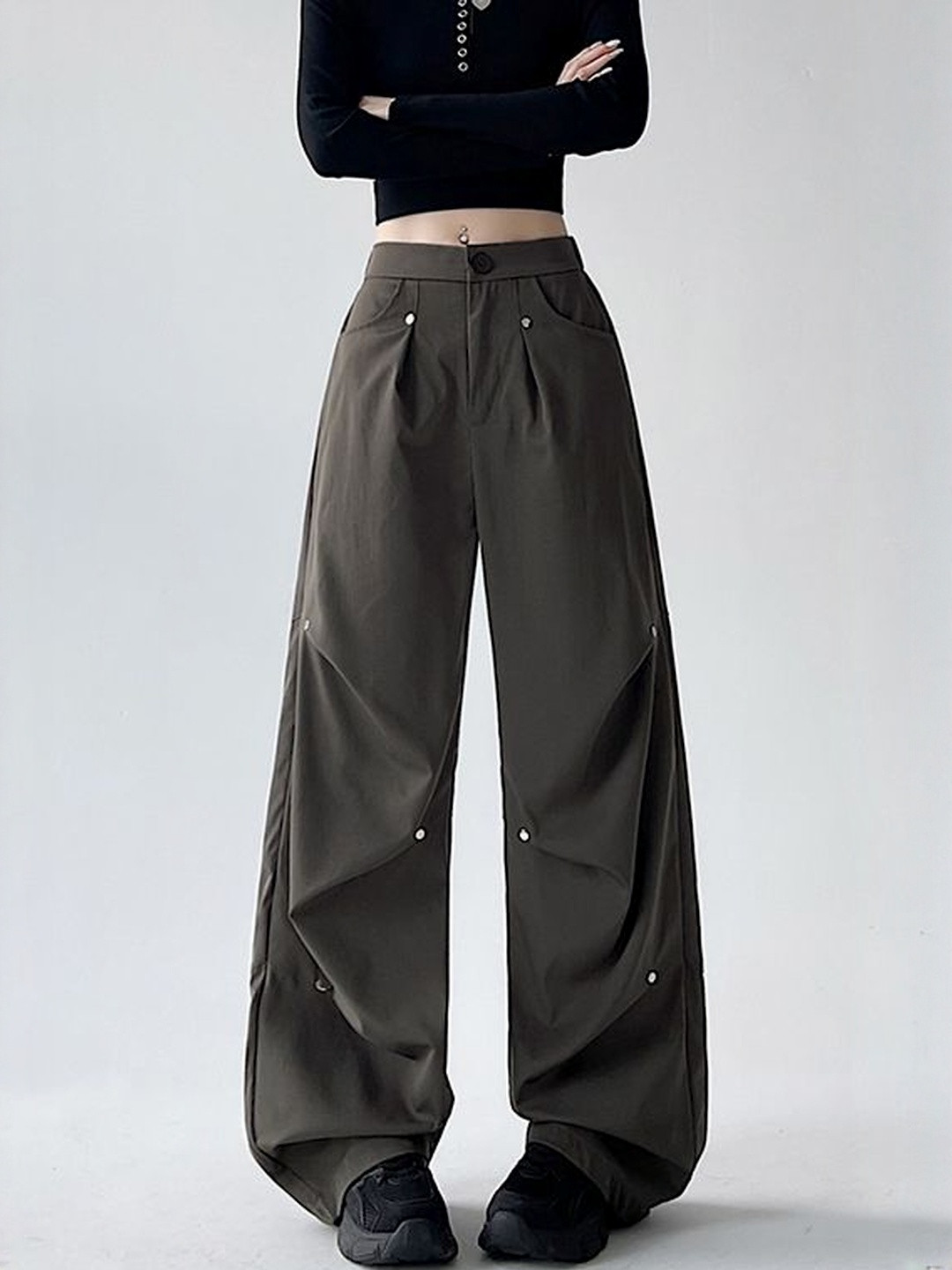 StyleCast x Revolte Women Rivets & Pleats Detail Mid-Rise Korean Pants