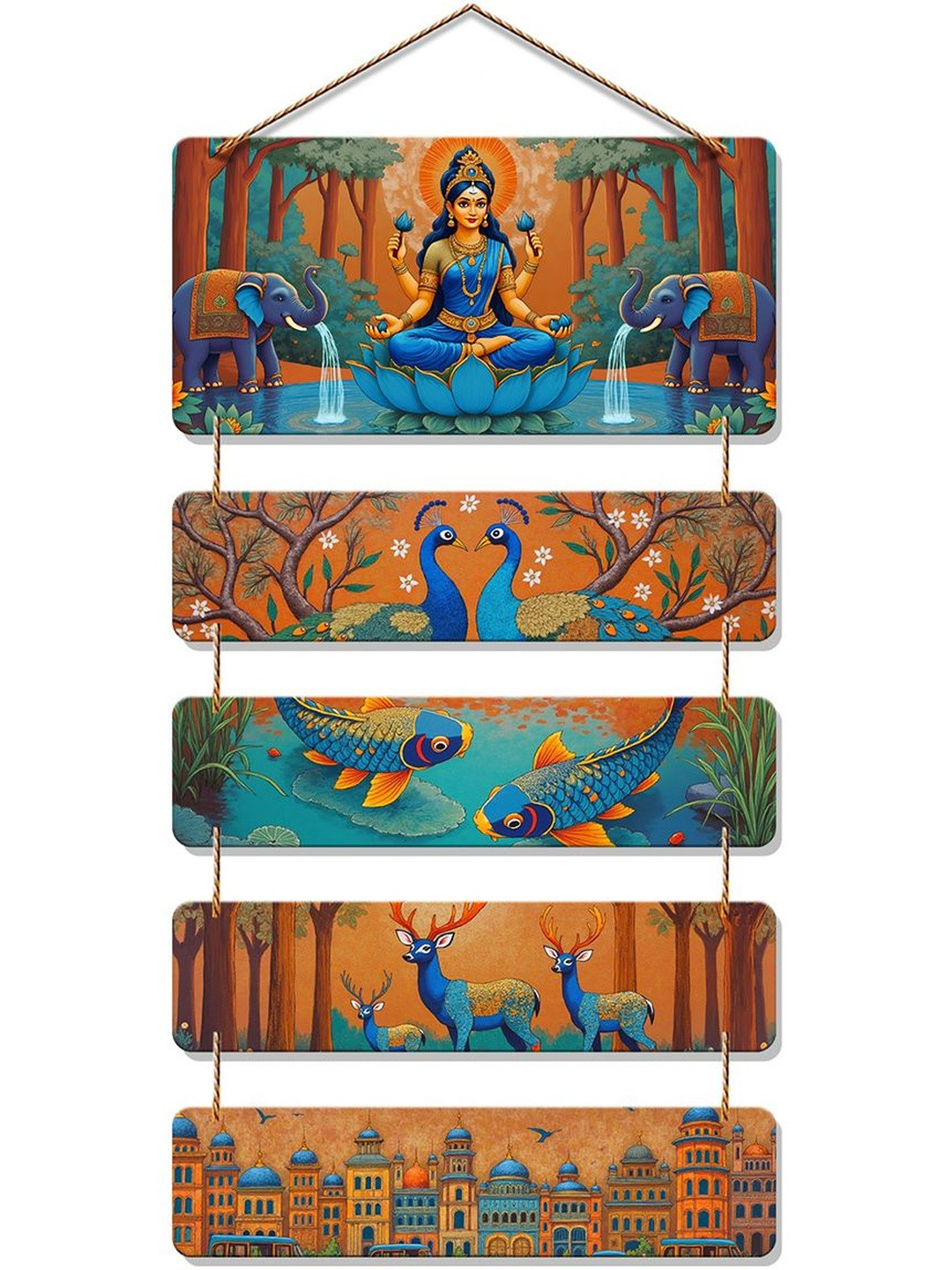 ArtVibes Blue & Green Printed Devi Lakshmi & Nature Theme Wooden Wall Hanging