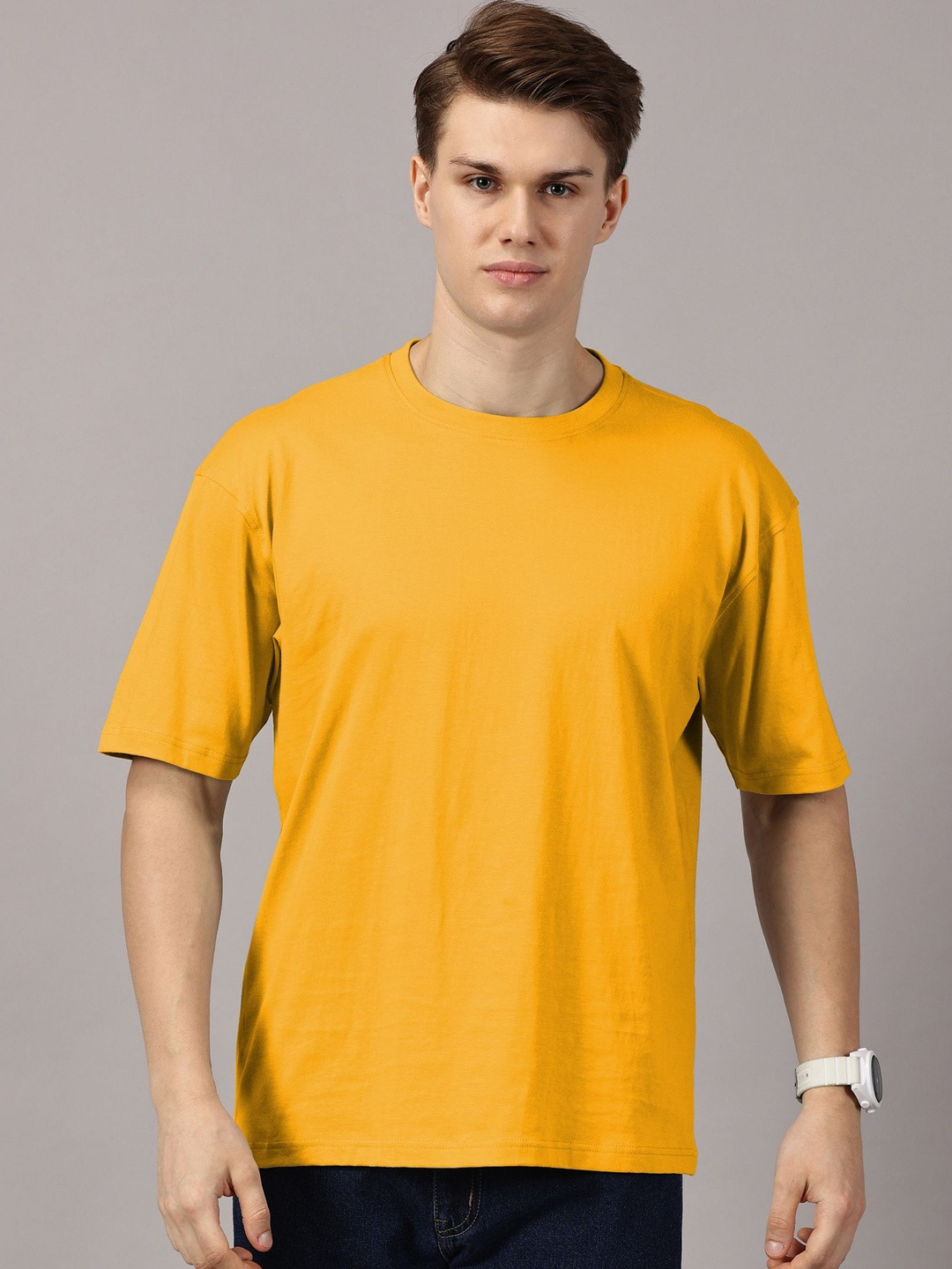 LEON Men Mustard Yellow Round Neck Cotton T-shirt