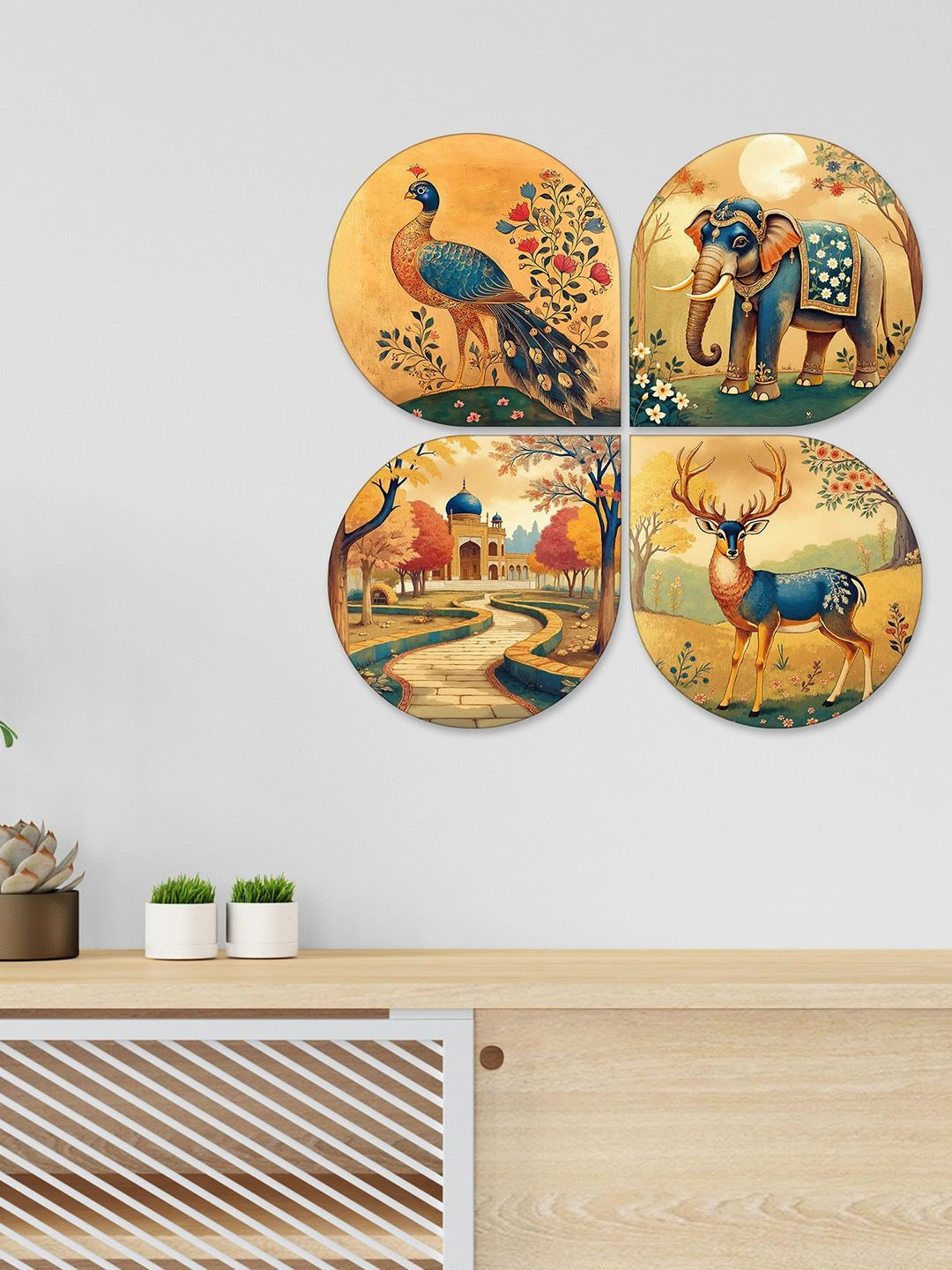 ArtVibes Yellow & Blue 4 Pieces Printed Indian Cultural Art Wooden Decals and Stickers