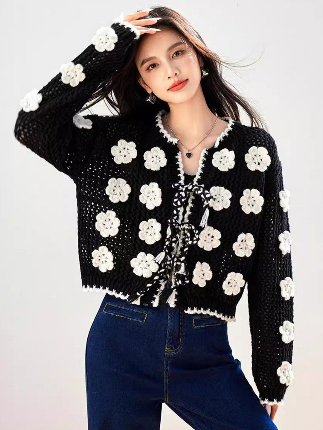 bebe Women Embroidered Open Knit Cardigan